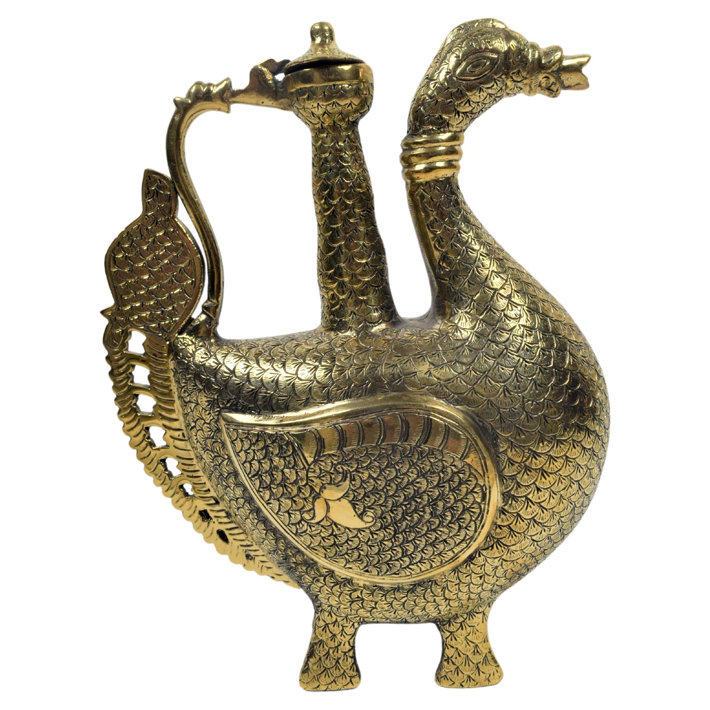 Mughal Brass Peacock Engraved Ewer, Late 19th Century For Sale