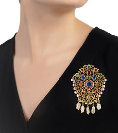 Mughal Colored Gemstone And Pearl Pendant Brooch