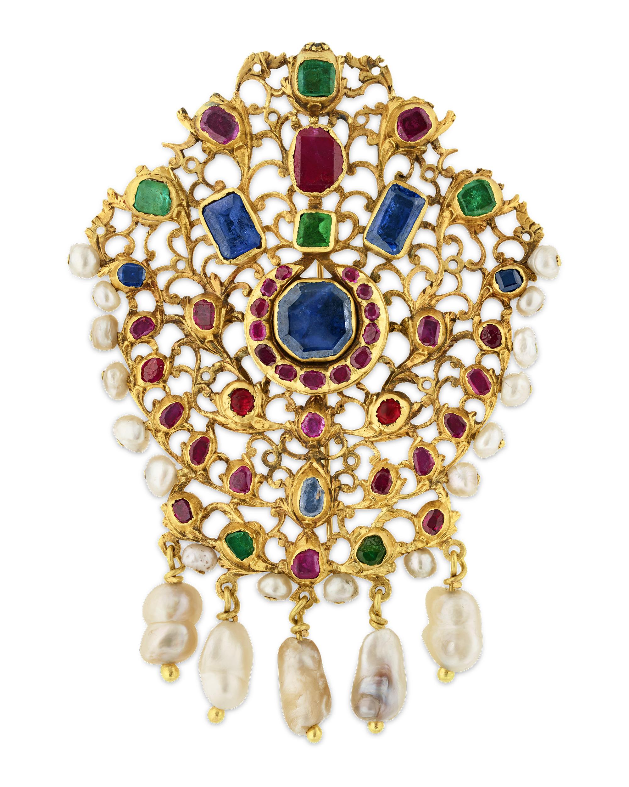 Mughal Colored Gemstone And Pearl Pendant Brooch In Excellent Condition For Sale In New Orleans, LA