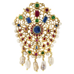 Mughal Colored Gemstone And Pearl Pendant Brooch