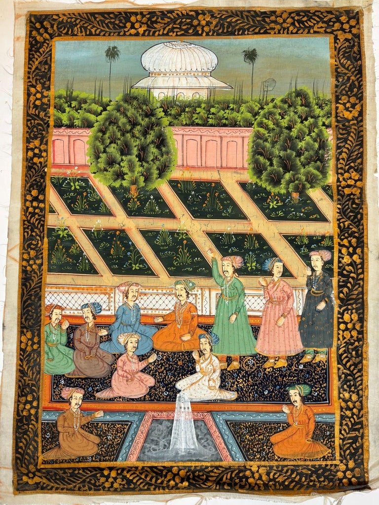 インド宮廷絵画 INDIAN COURT MINIATURE PAINTING Mughal Court Scene on Silk After a 19th Century Indo-Persian
