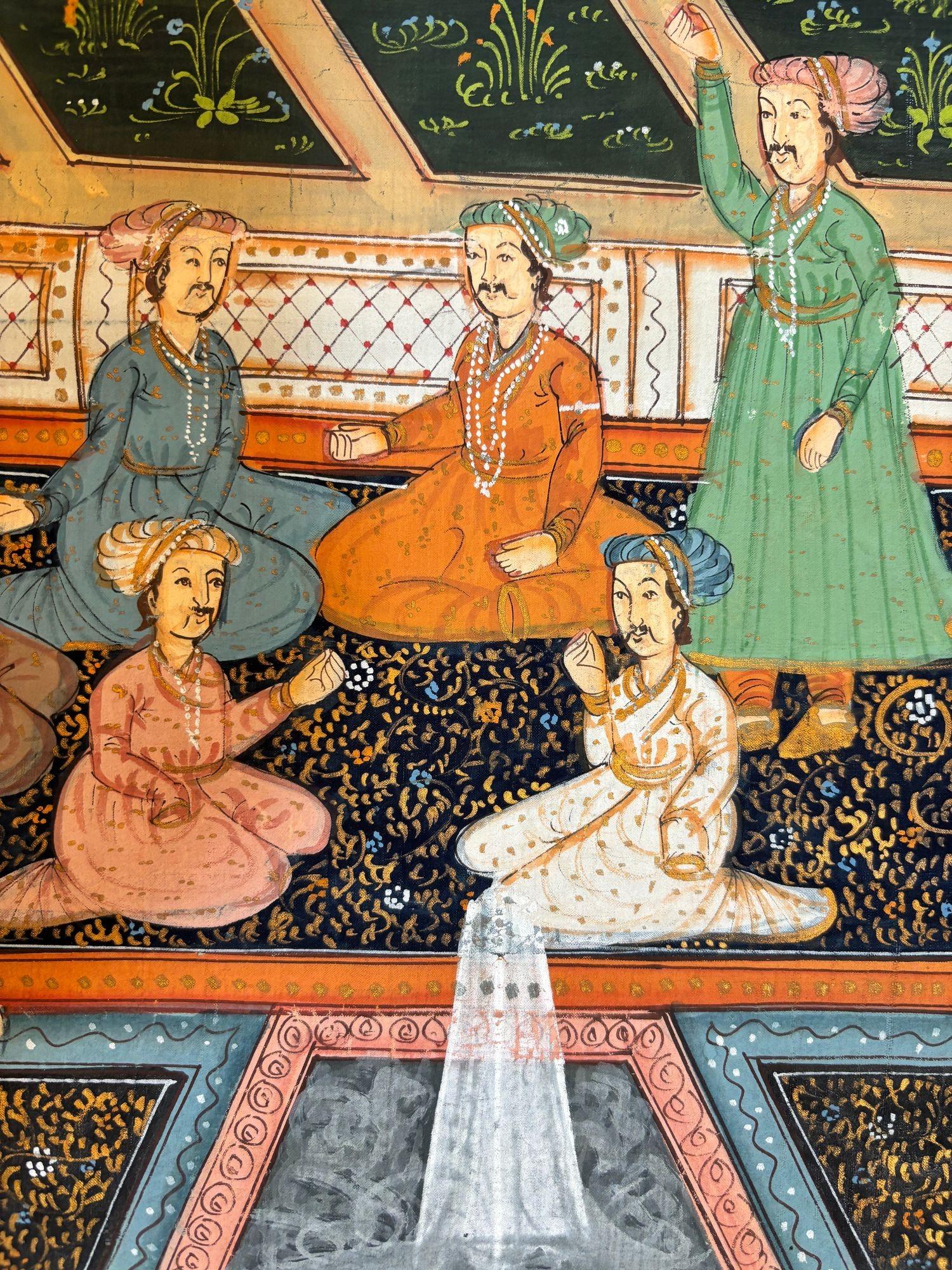 Dipinto a mano Scena di corte Mughal su seta tratta da un dipinto di palazzo indo-persiano del XIX secolo in vendita