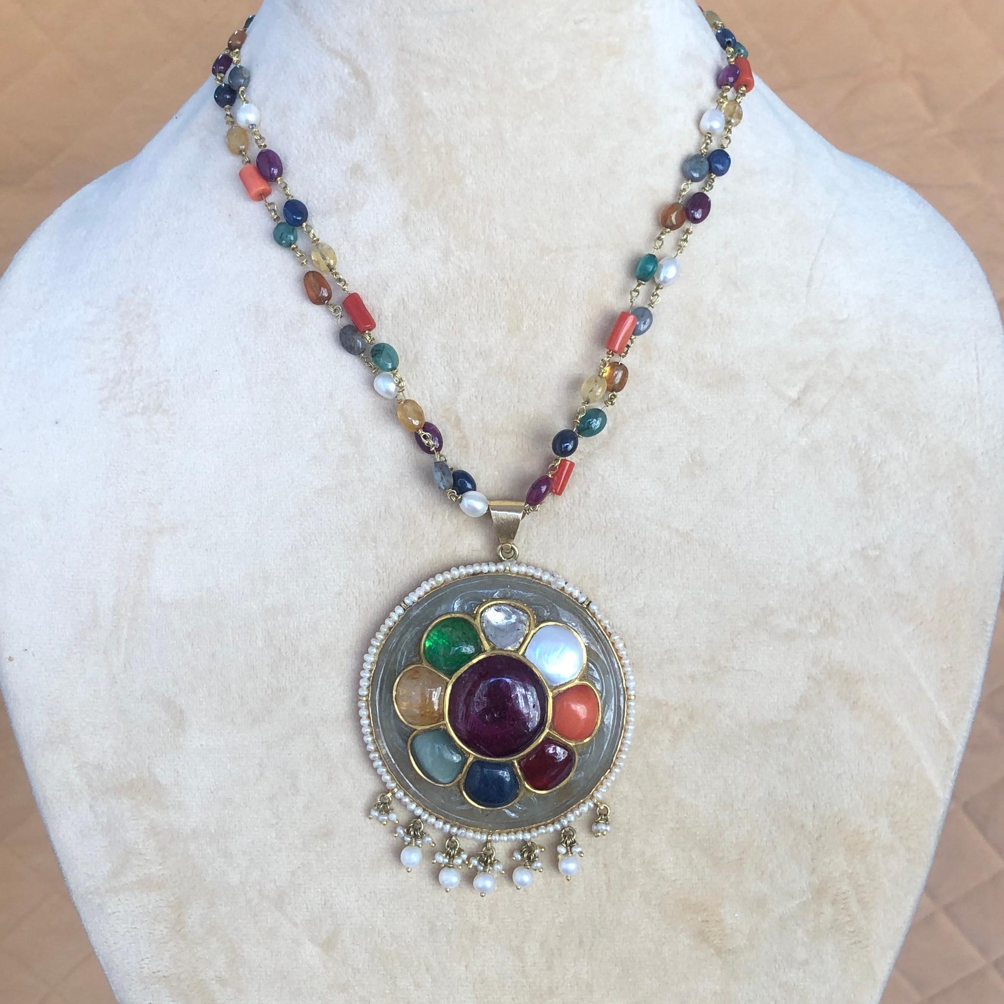 Mughal Diamond and Navratna gemstone inlaid Jade pendant for indian wedding For Sale 5