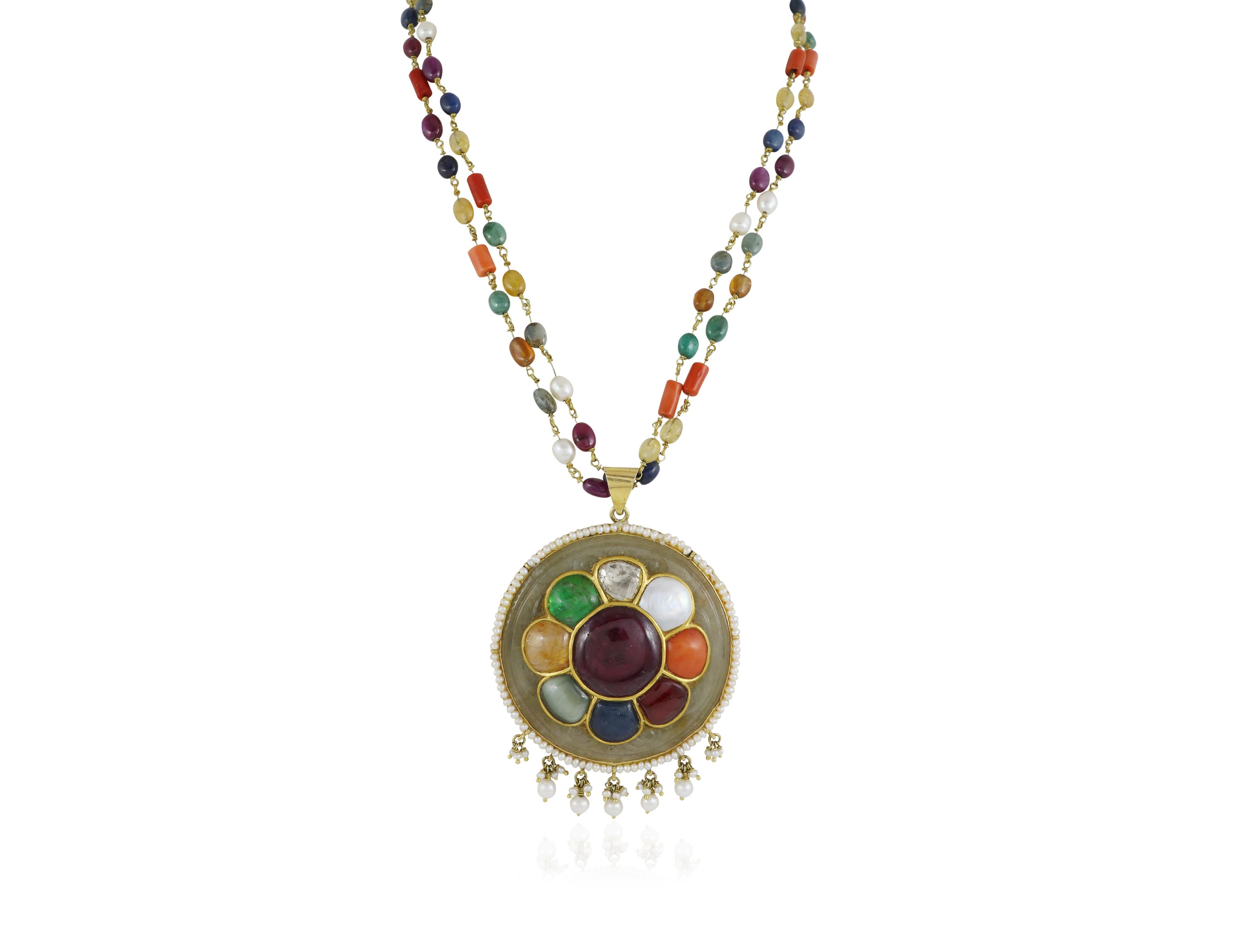 Uncut Mughal Diamond and Navratna gemstone inlaid Jade pendant for indian wedding For Sale