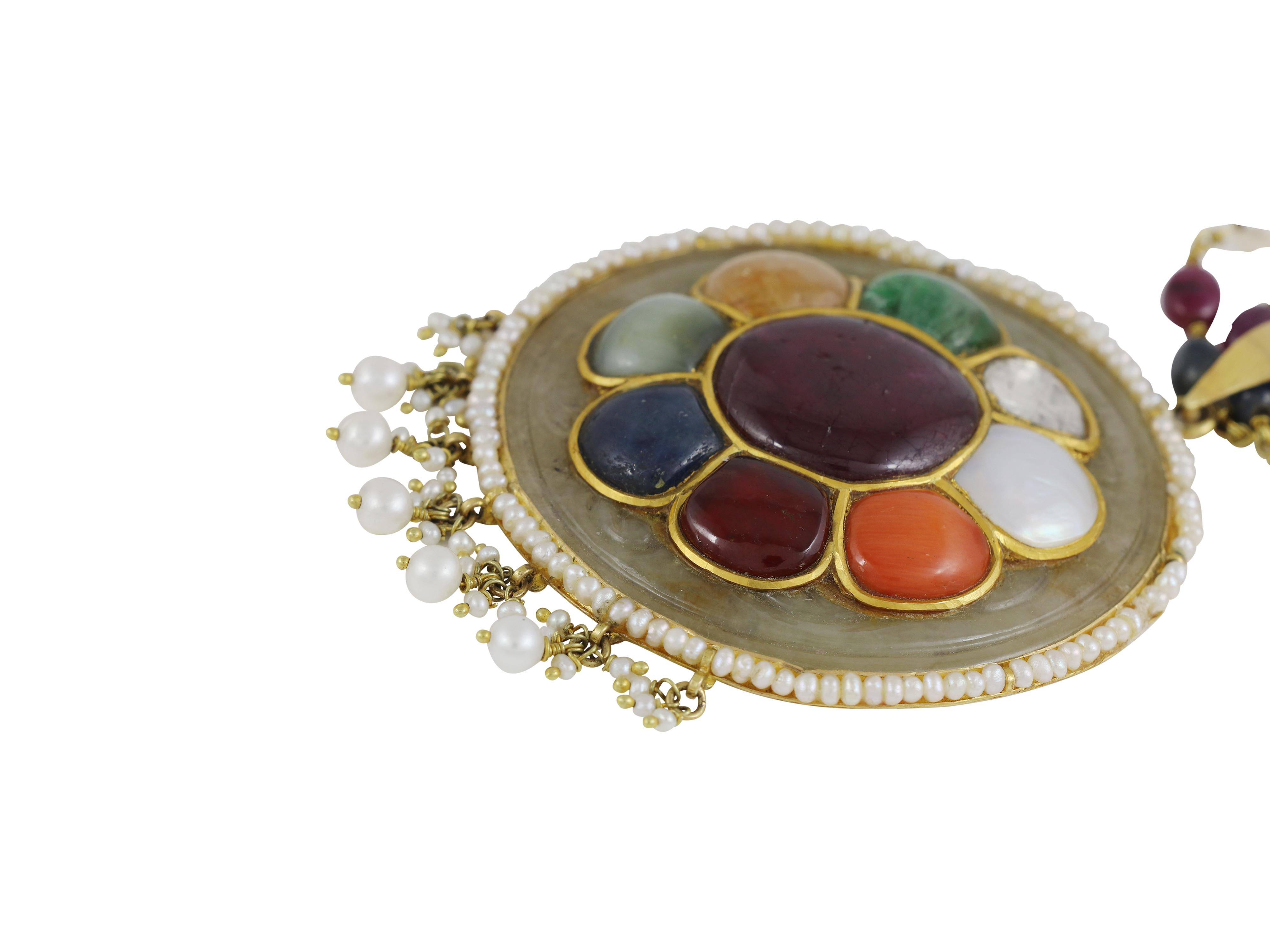 Mughal Diamond and Navratna gemstone inlaid Jade pendant for indian wedding For Sale 3