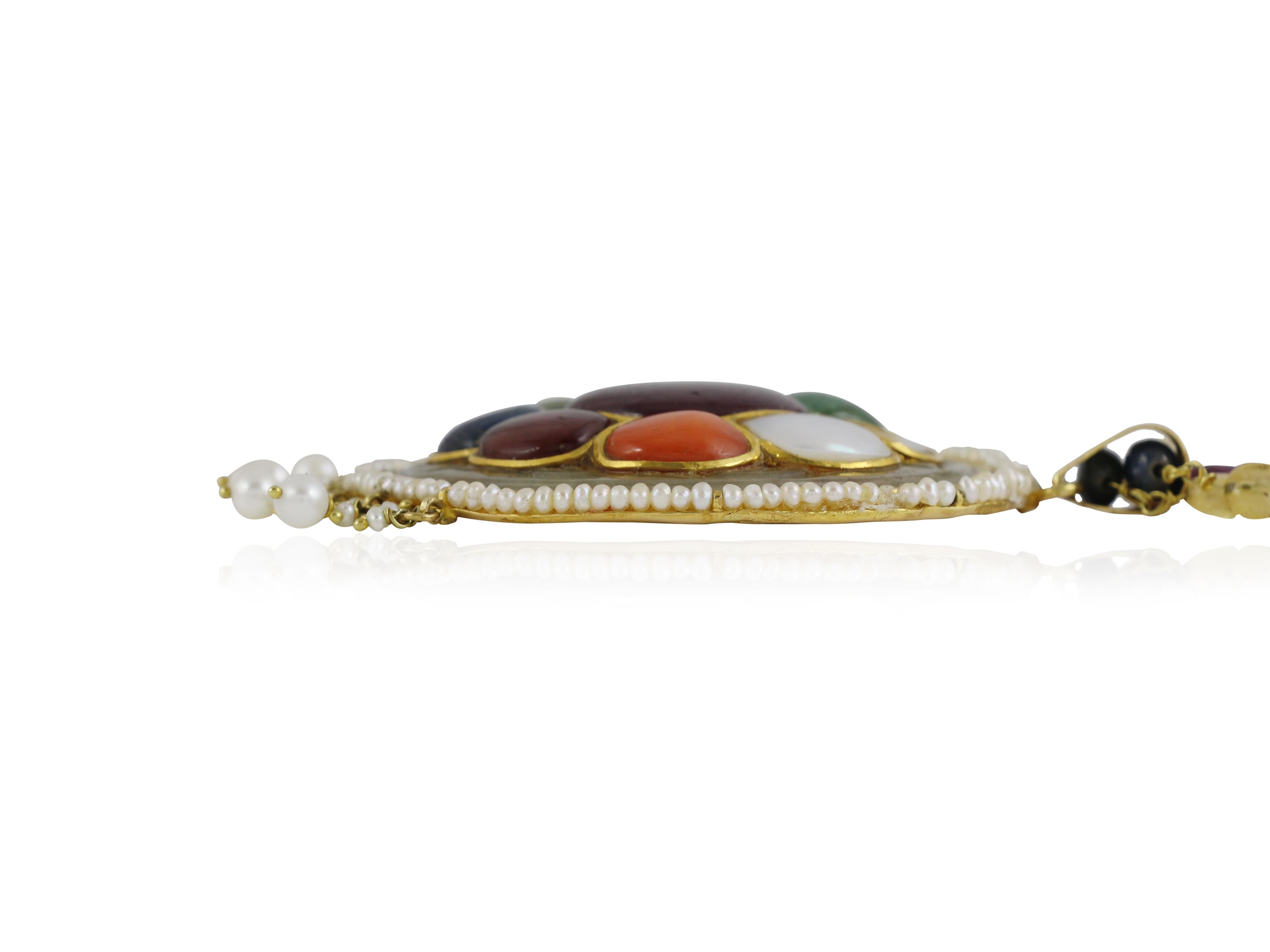 Mughal Diamond and Navratna gemstone inlaid Jade pendant for indian wedding For Sale 4
