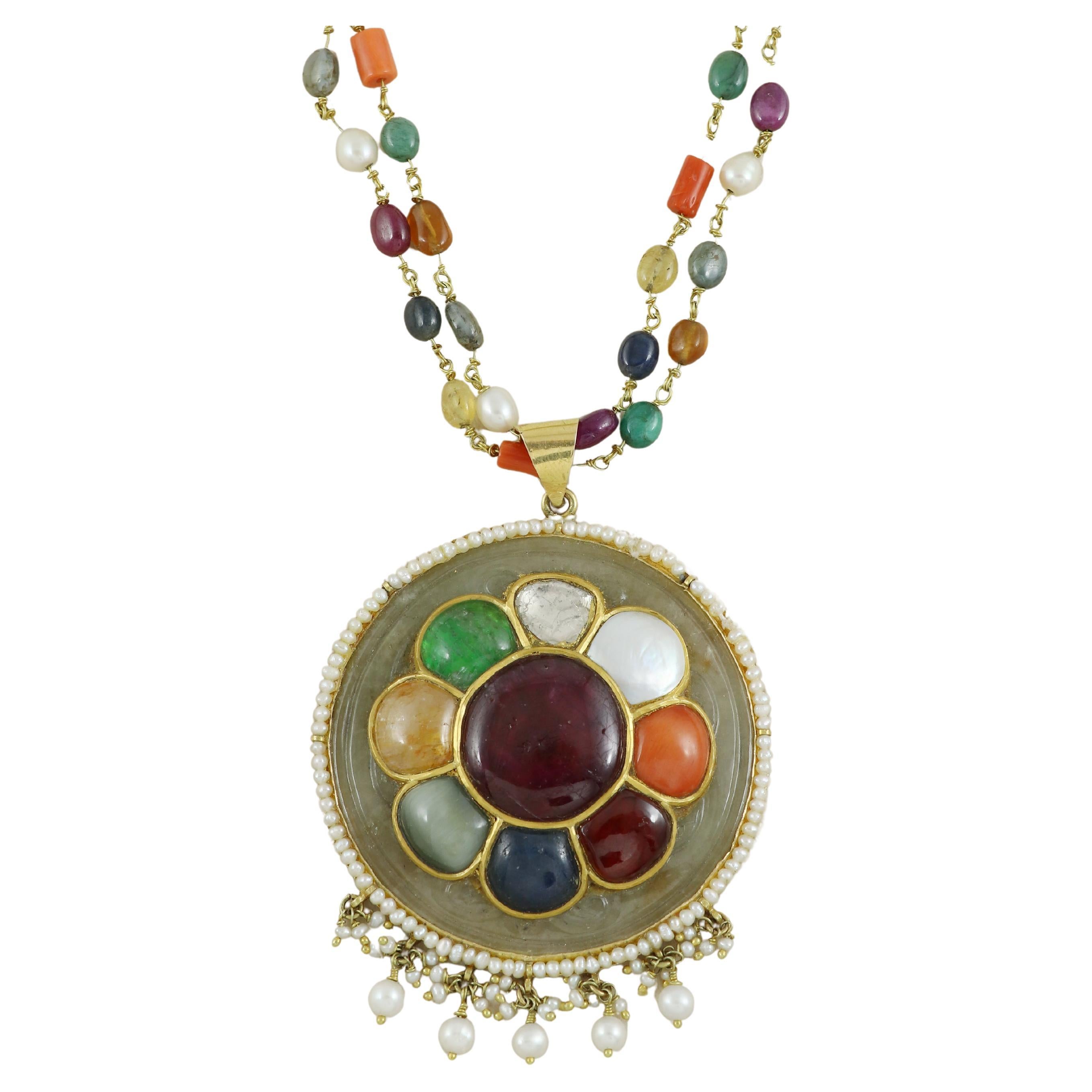 Mughal Diamond and Navratna gemstone inlaid Jade pendant for indian wedding For Sale