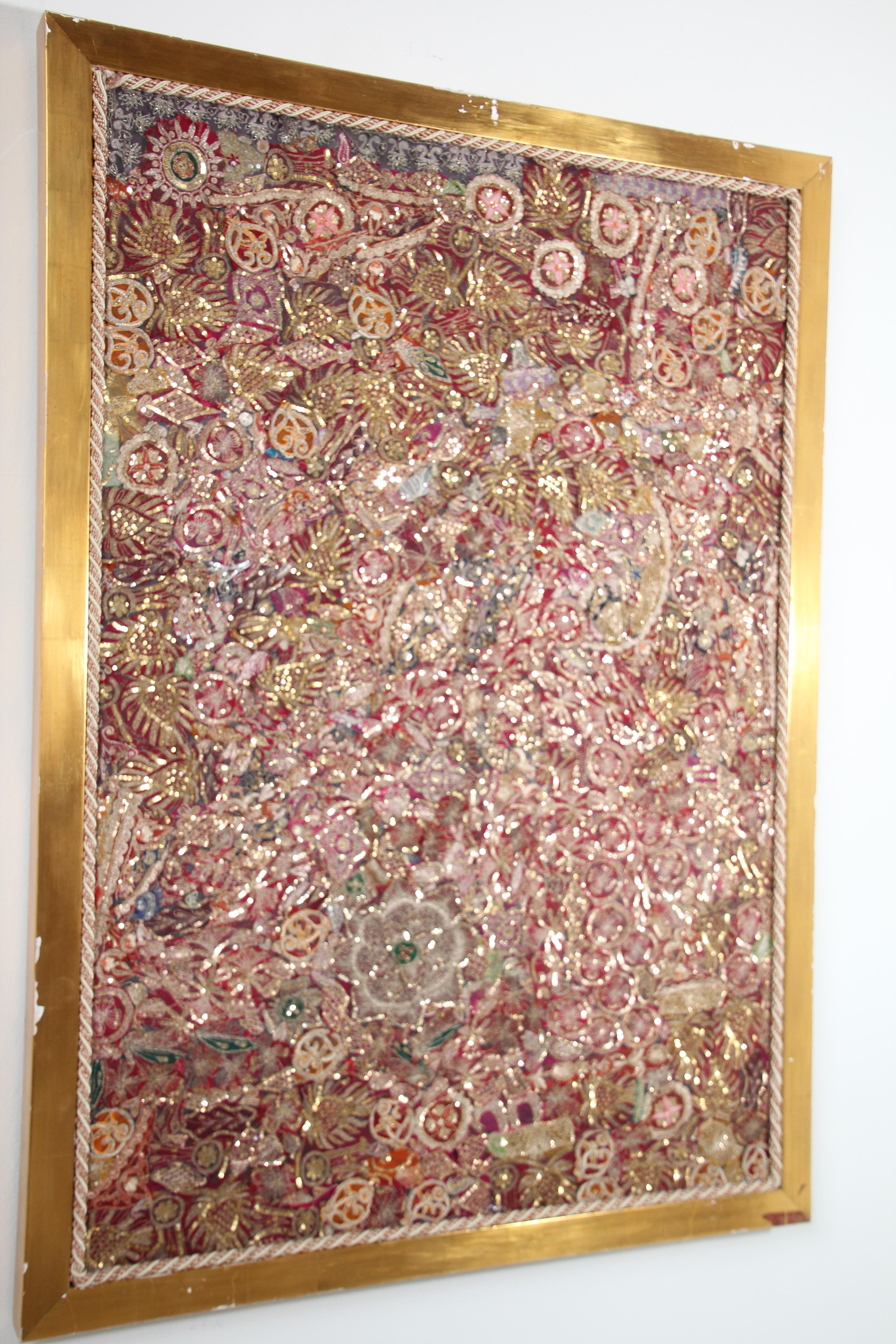 Indian Mughal Embroidered Metal Threaded Tapestry from Rajasthan Framed For Sale
