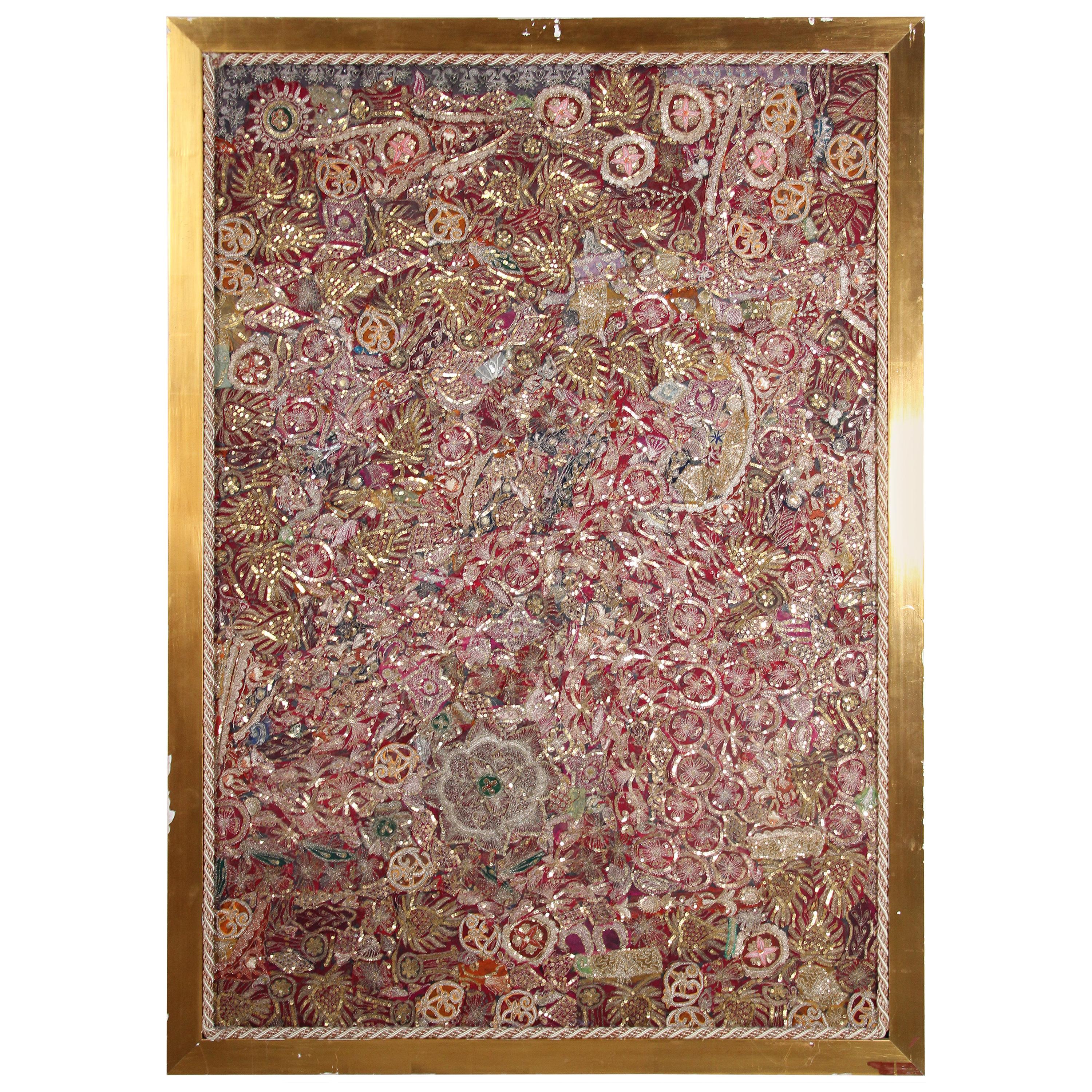 Mughal Embroidered Metal Threaded Tapestry from Rajasthan Framed