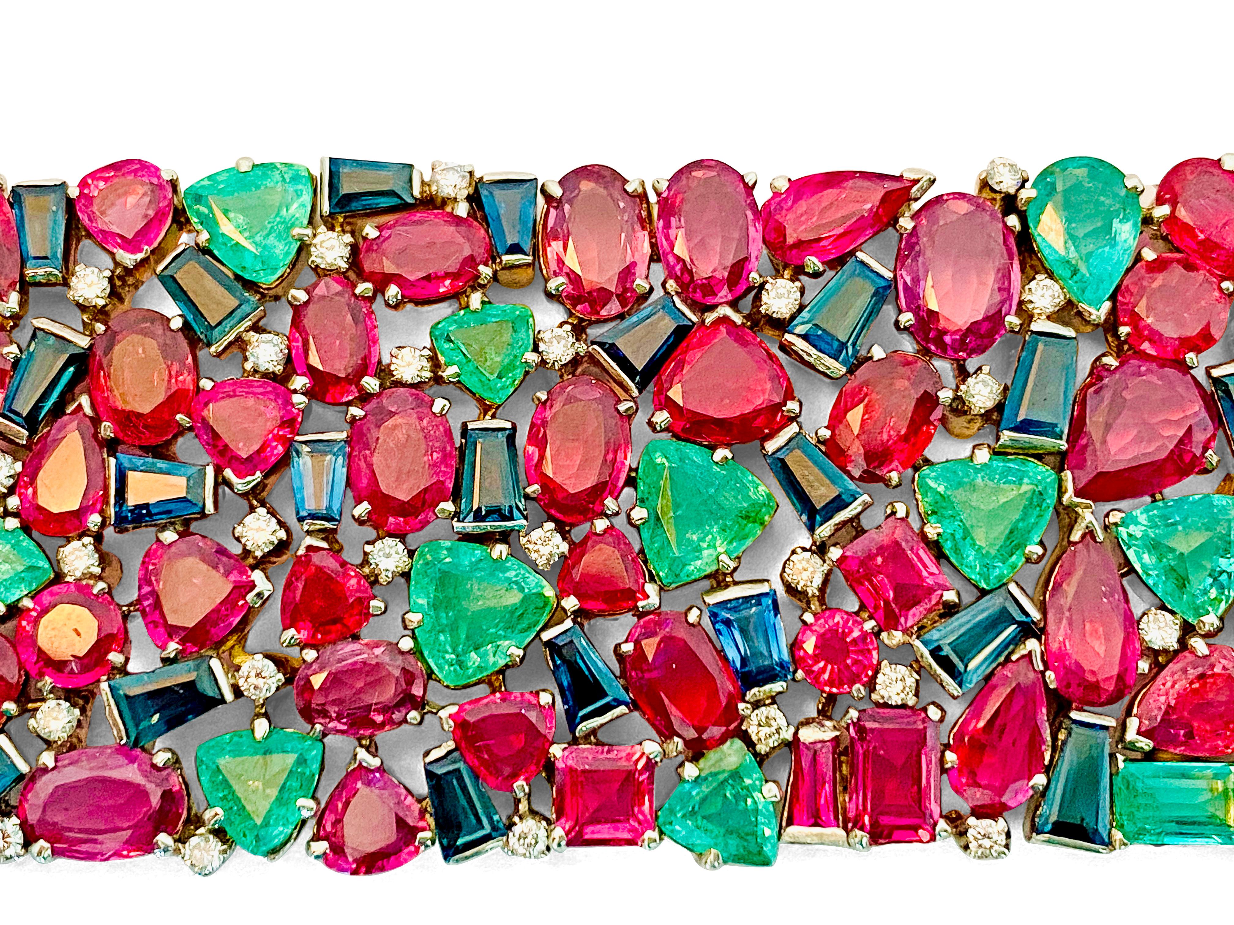 Emerald Cut Mughal Empire: Burma Ruby, Emerald & Sapphire Bracelet For Sale