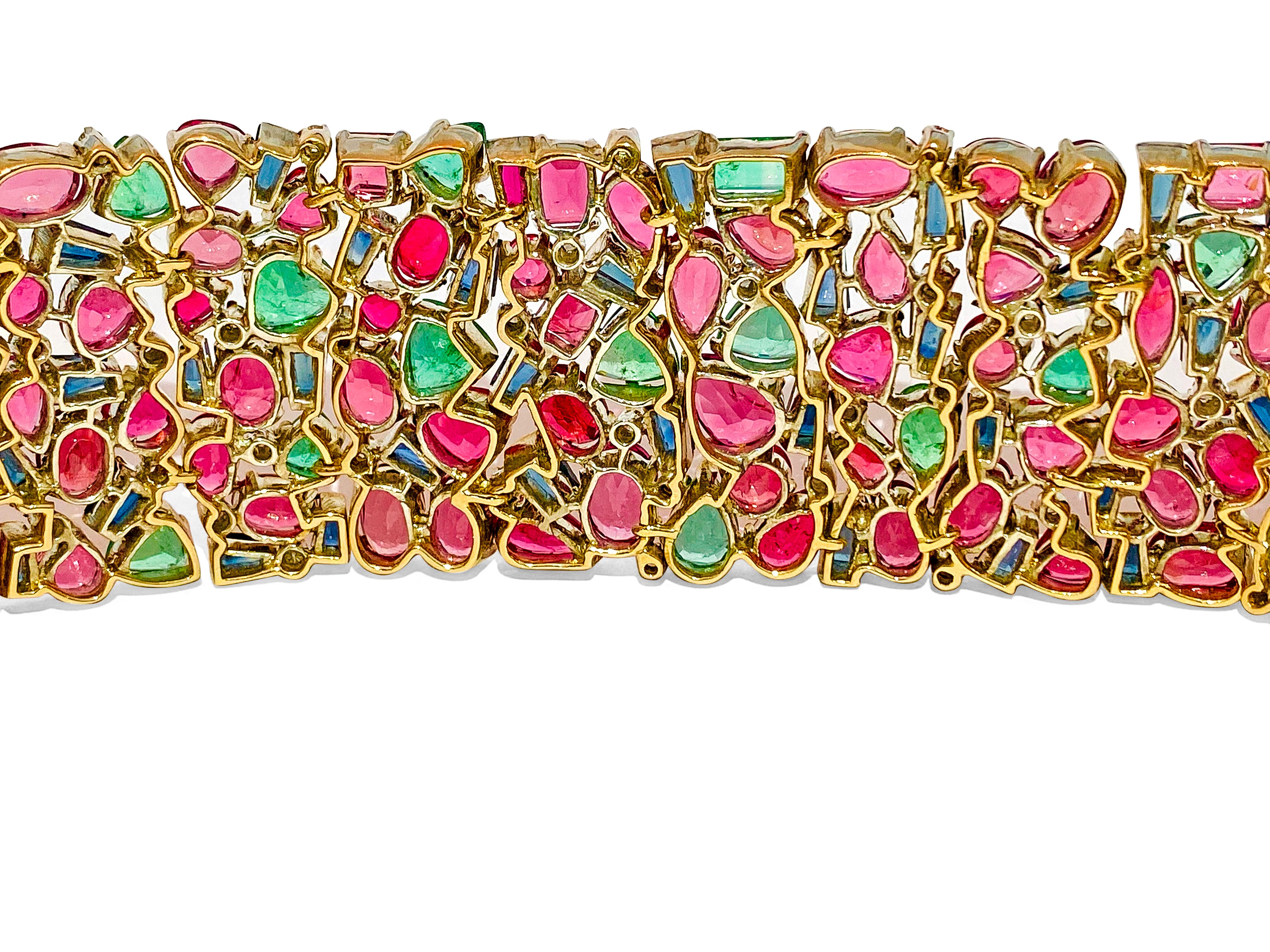 Mughal Empire: Burma Ruby, Emerald & Sapphire Bracelet In Excellent Condition For Sale In Miami, FL