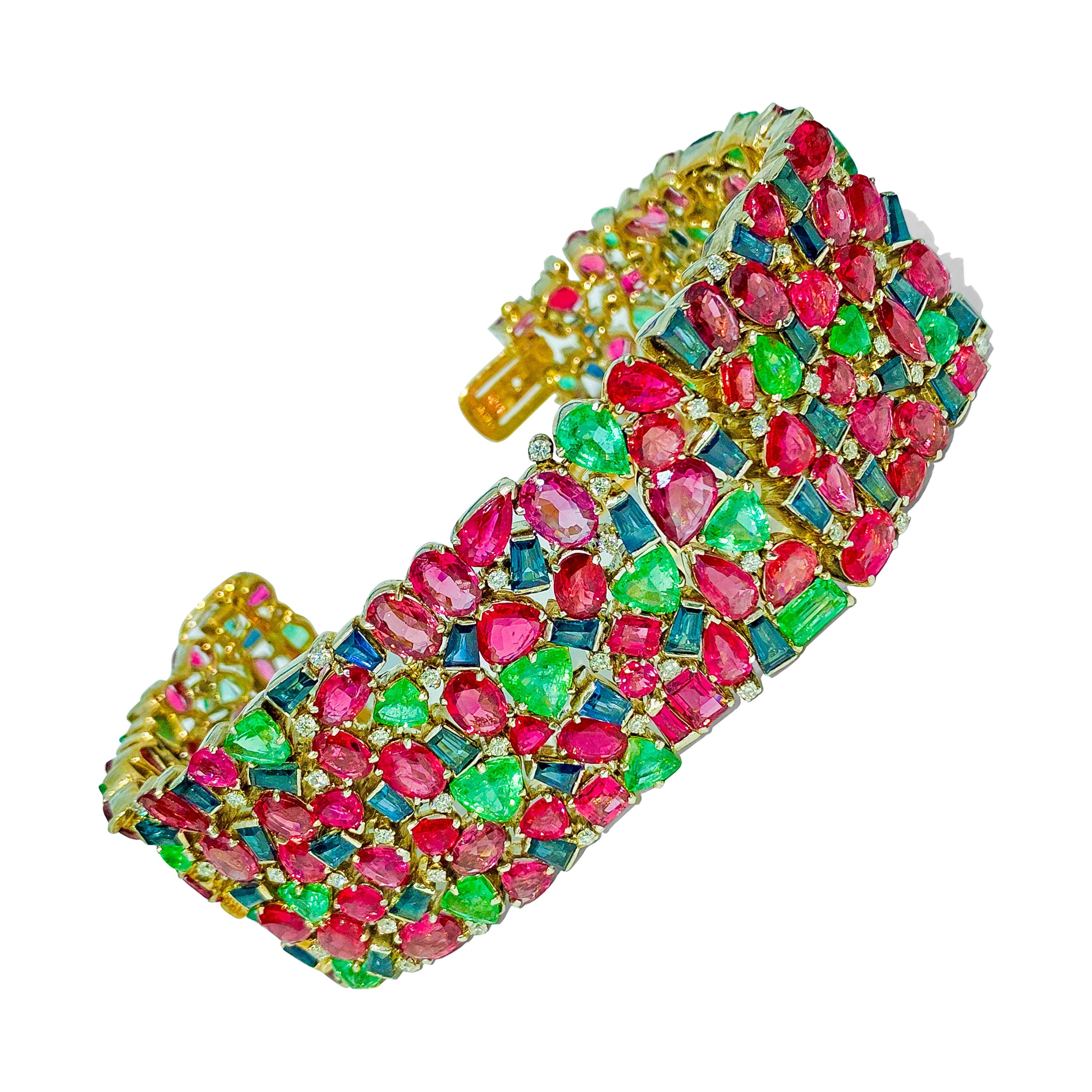 Mughal Empire Burma Ruby Emerald Sapphire Bracelet For Sale