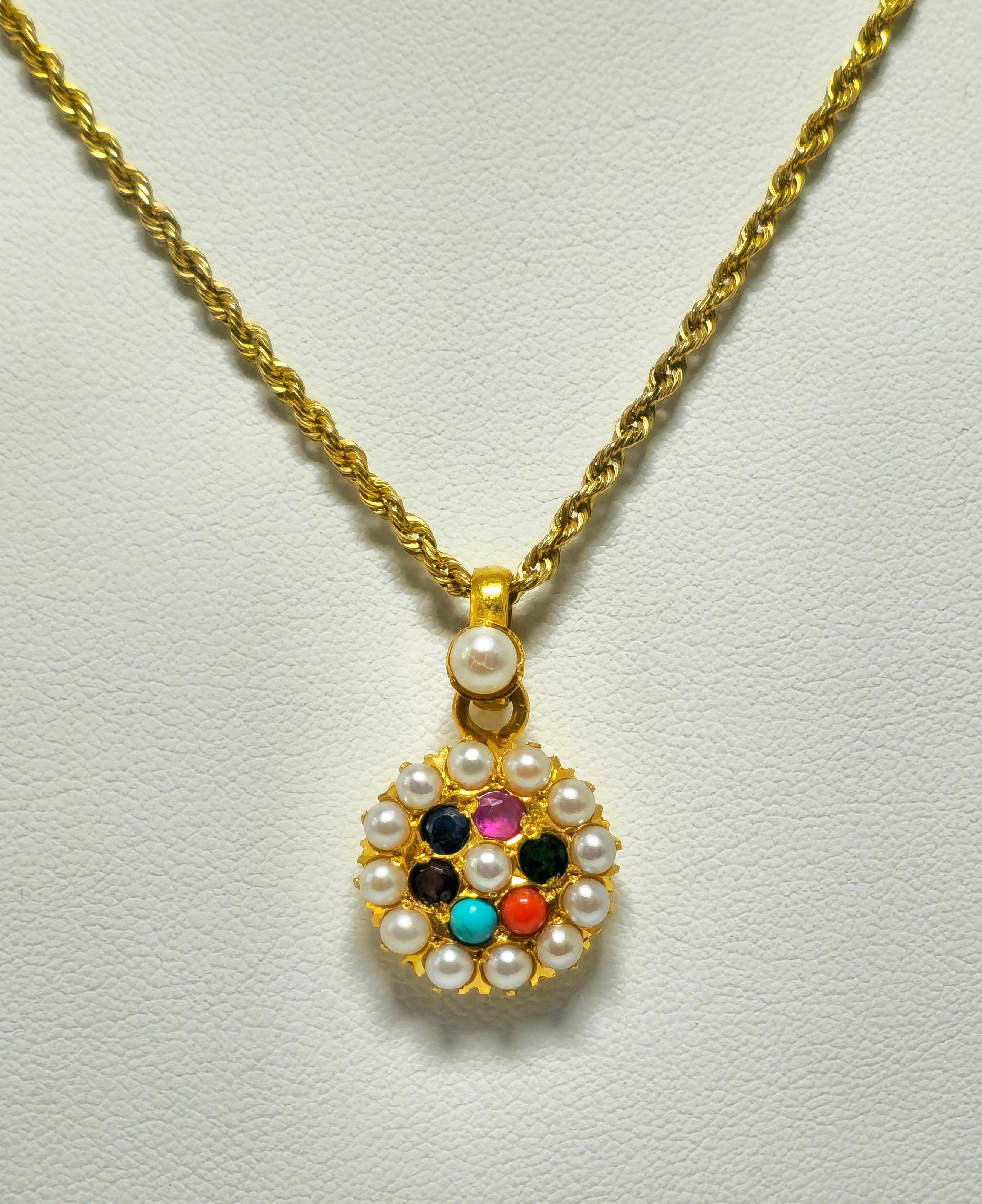 Medieval Mughal Empire Style Vintage 22k Yellow Gold Multigemstone Pendant For Sale