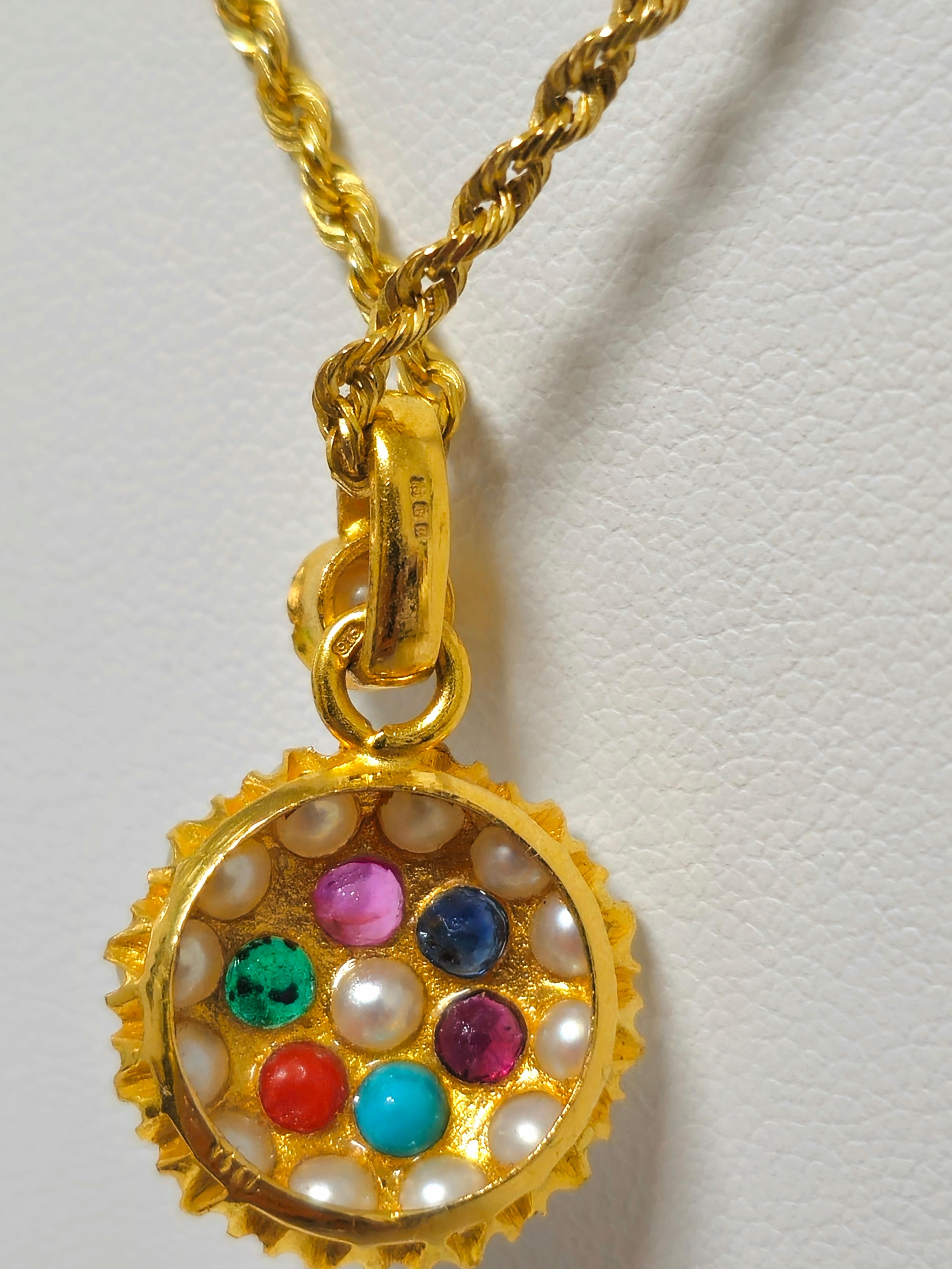 Round Cut Mughal Empire Style Vintage 22k Yellow Gold Multigemstone Pendant For Sale