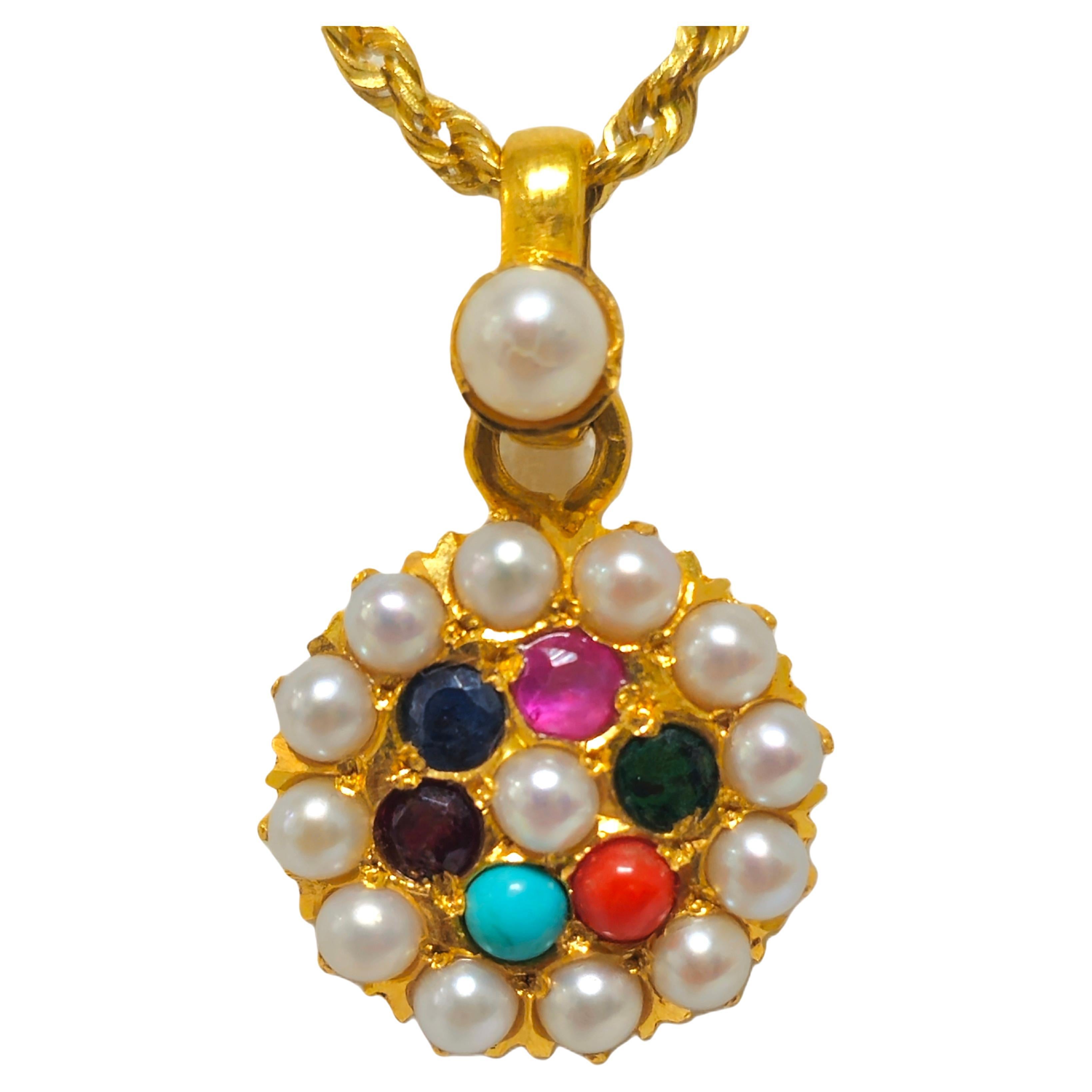 Mughal Empire Style Vintage 22k Yellow Gold Multigemstone Pendant For Sale