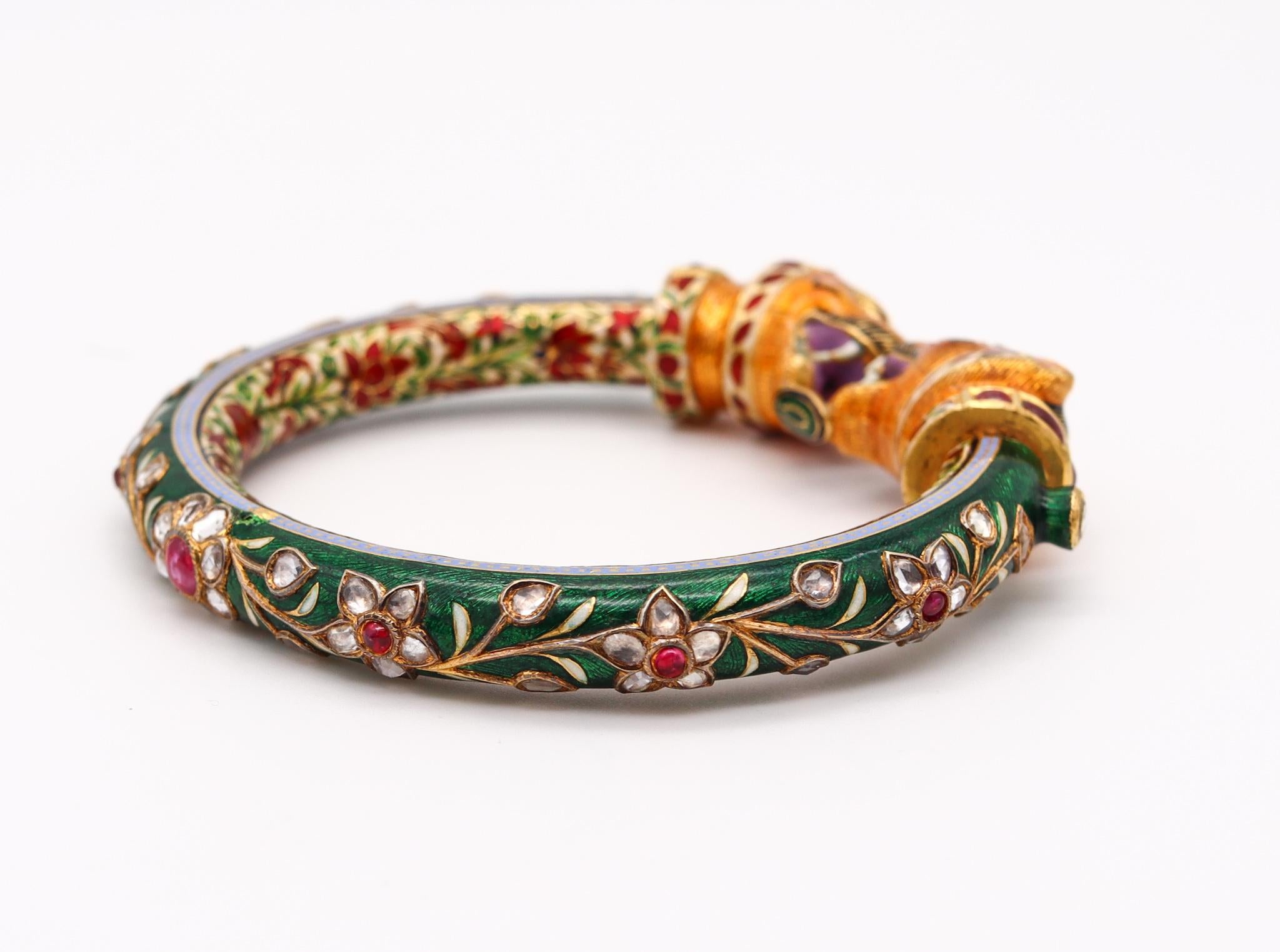 Anglo-Indian Mughal Empire Vintage Enameled Bracelet 22Kt Gold 8.93 Ctw in Diamonds & Rubies For Sale