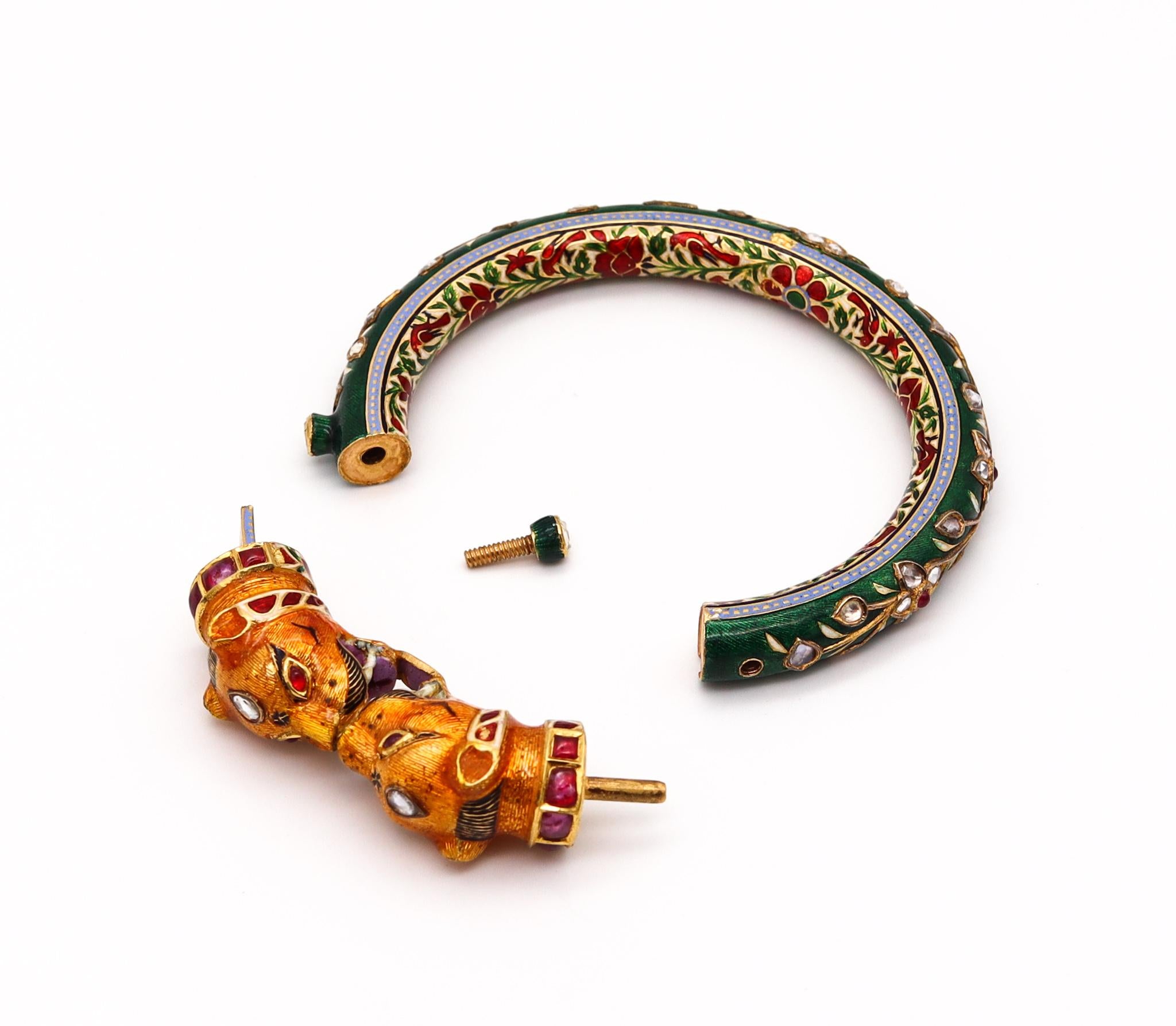 Mixed Cut Mughal Empire Vintage Enameled Bracelet 22Kt Gold 8.93 Ctw in Diamonds & Rubies For Sale