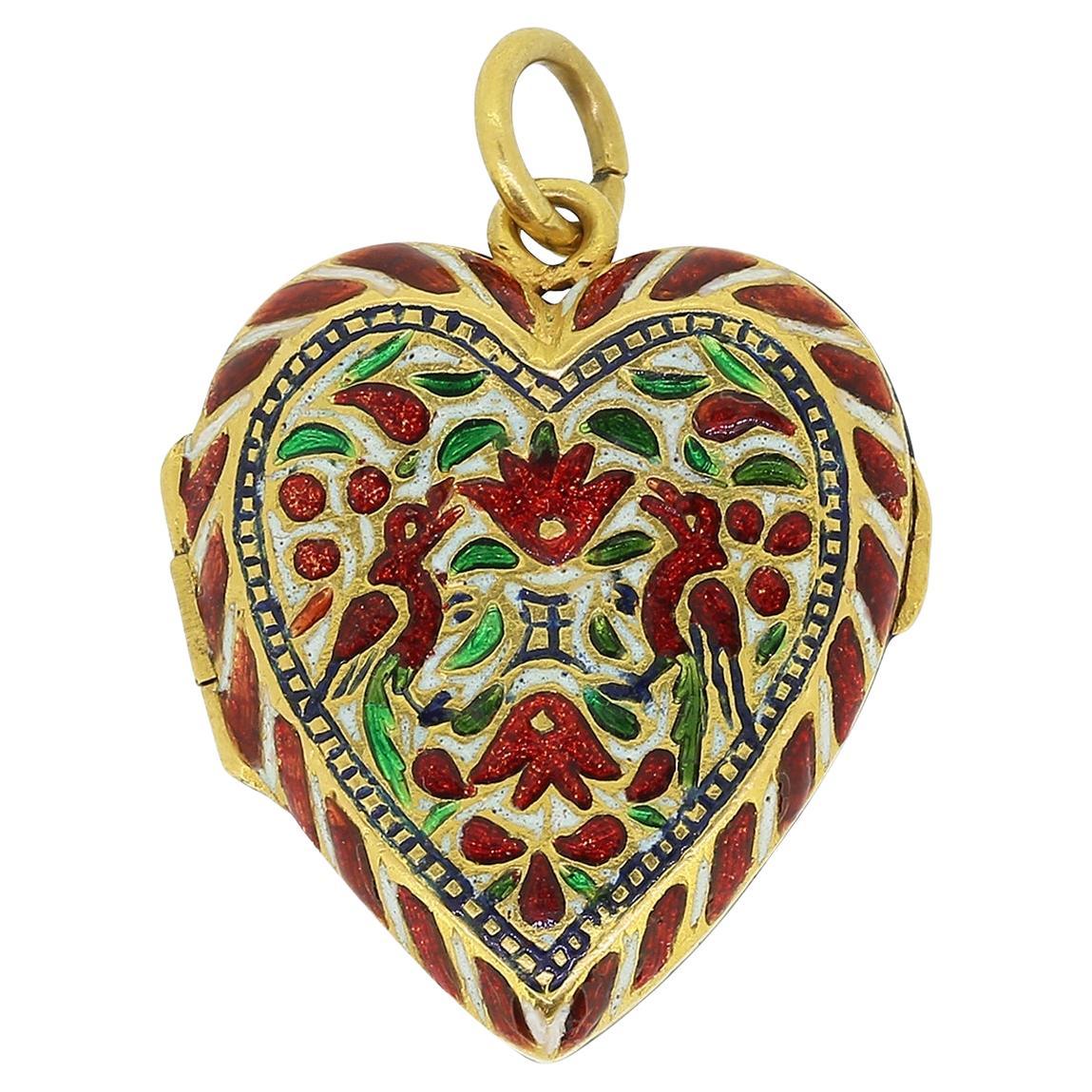 Mughal Enamelled Heart Locket Pendant For Sale