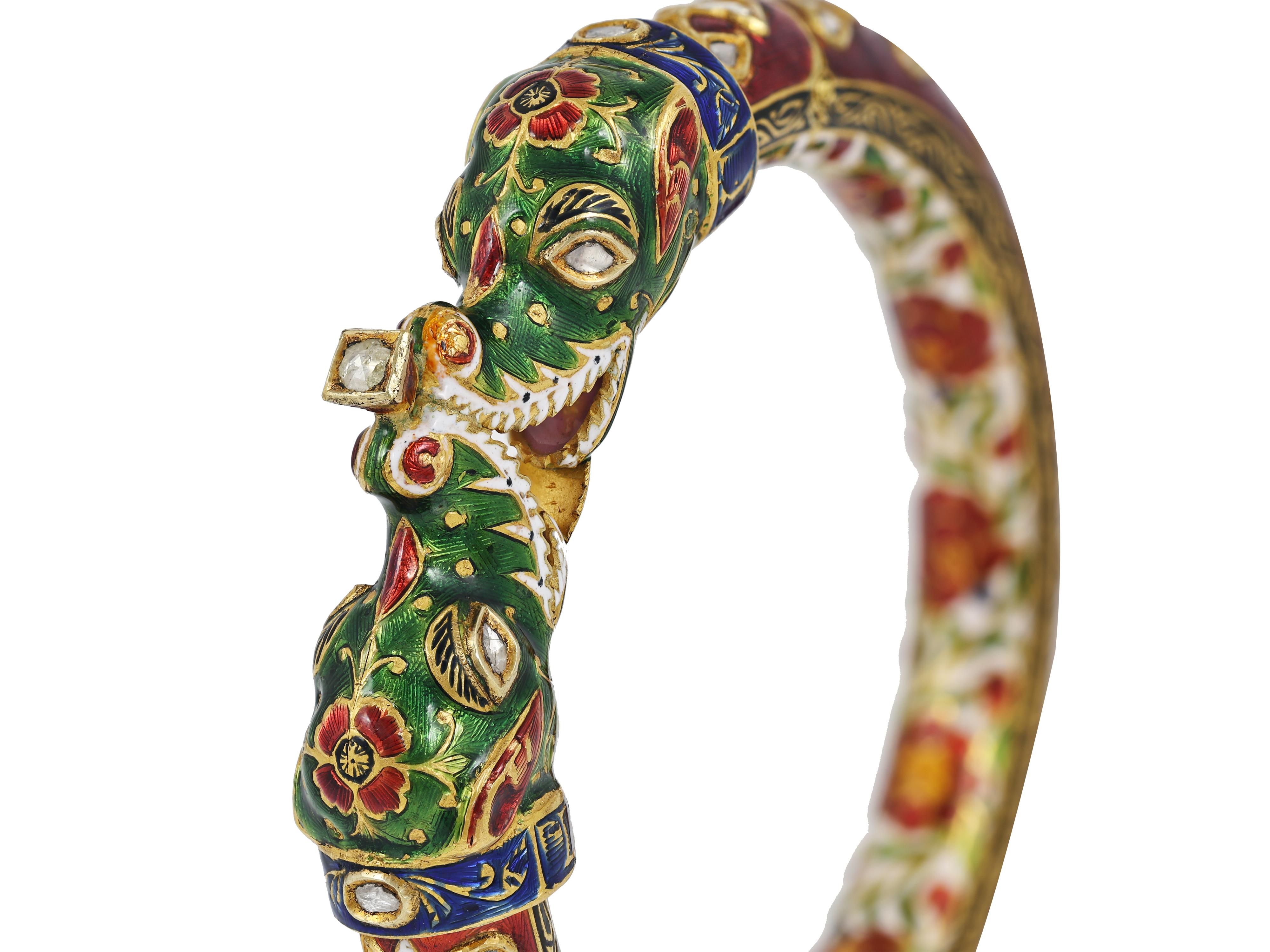 Braccialetto Mughal in oro con diamante e coccodrillo polki in oro 22 carati con smalto in vendita 2