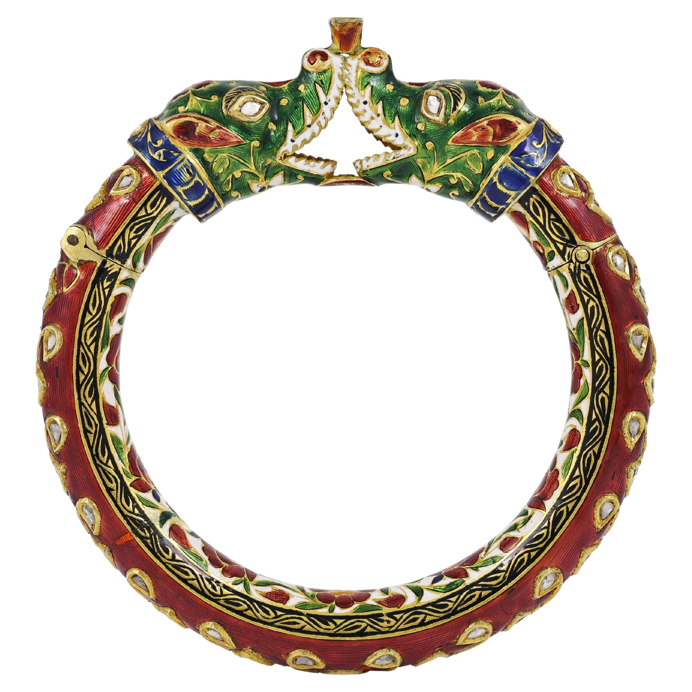 Mughal Gold Diamond polki crocodile bangle in 22K gold with enamel