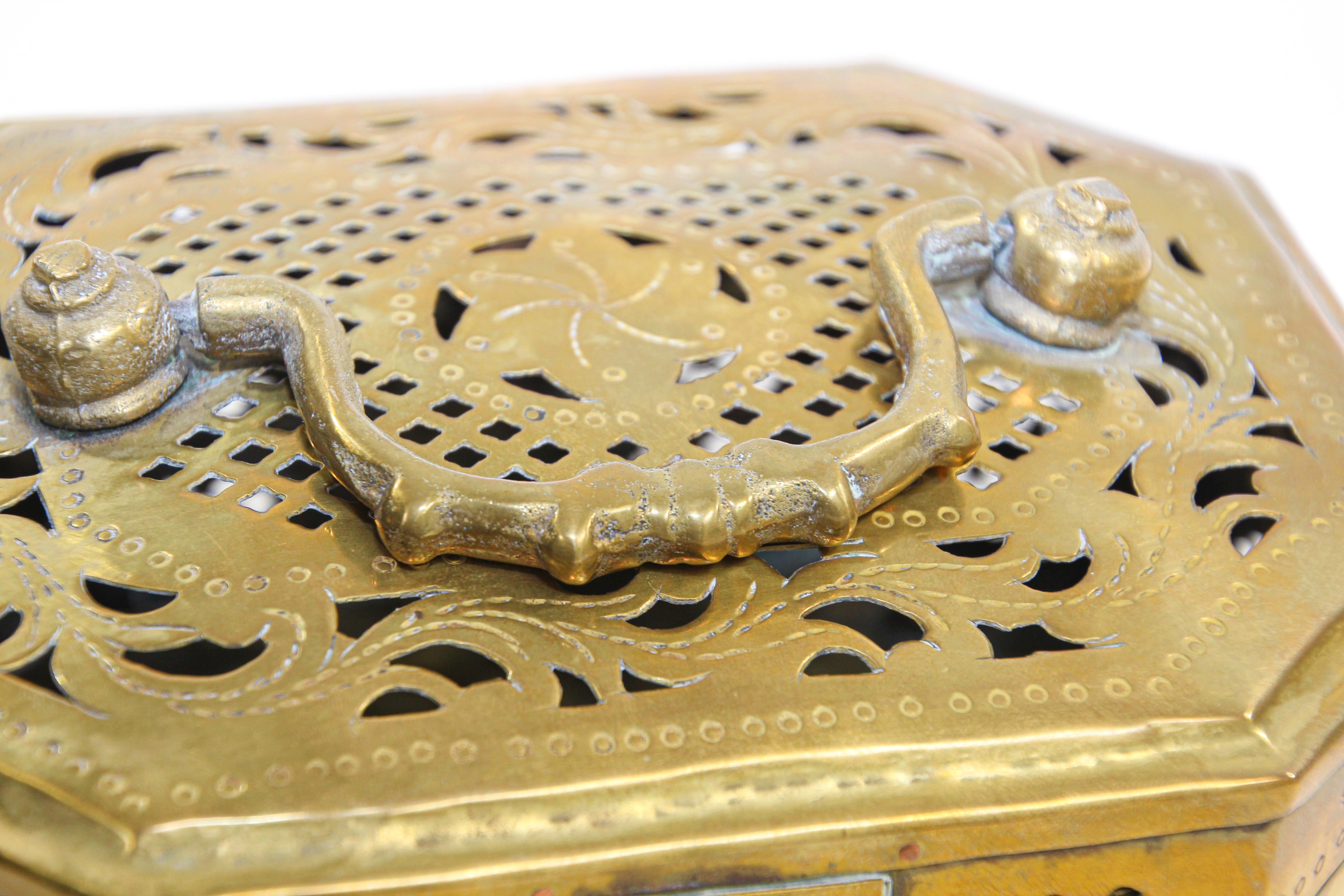 Mughal Indian Polished Brass Pierced Incense Box For Sale 4