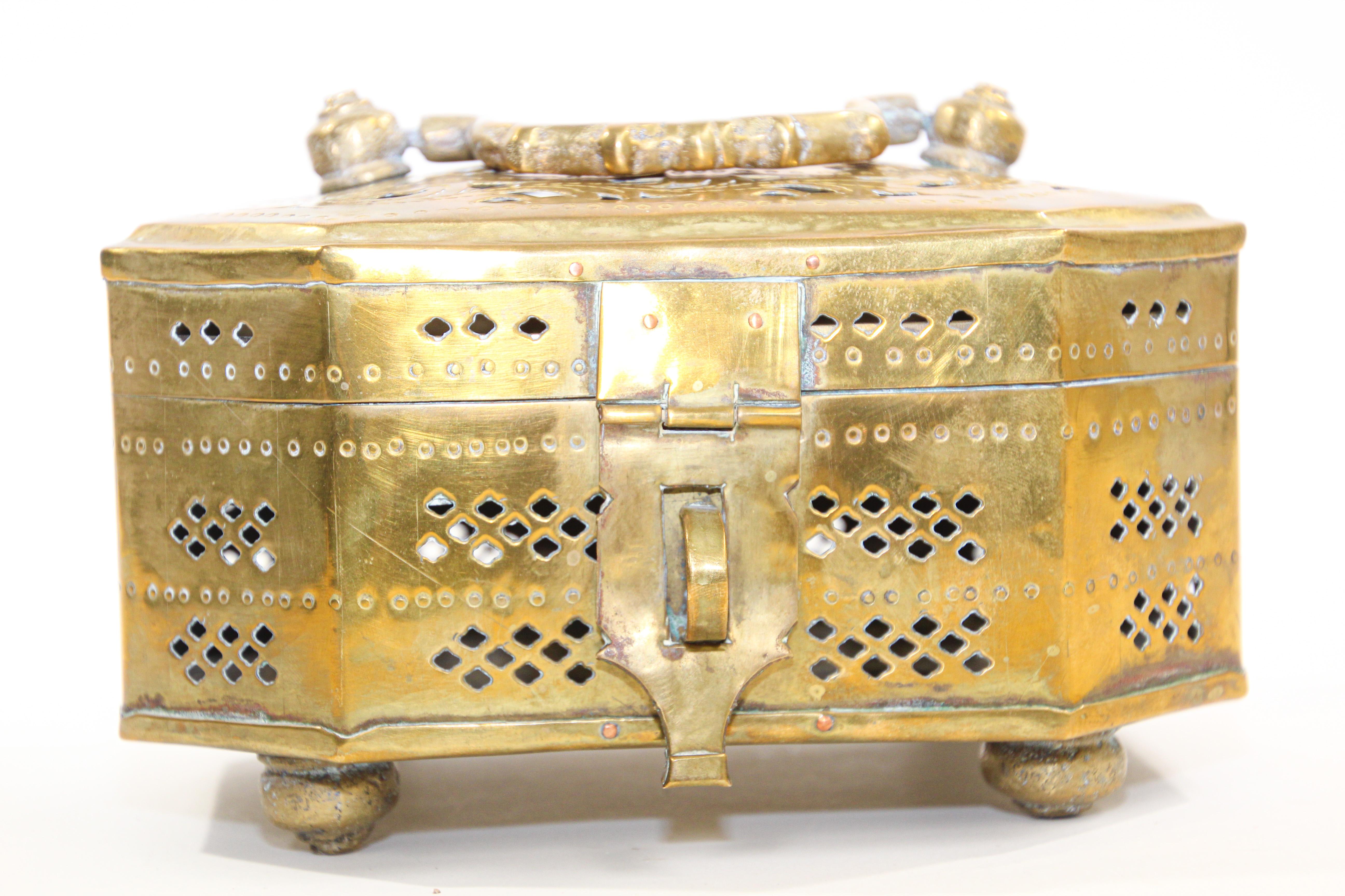 Mughal Indian Polished Brass Pierced Incense Box For Sale 6