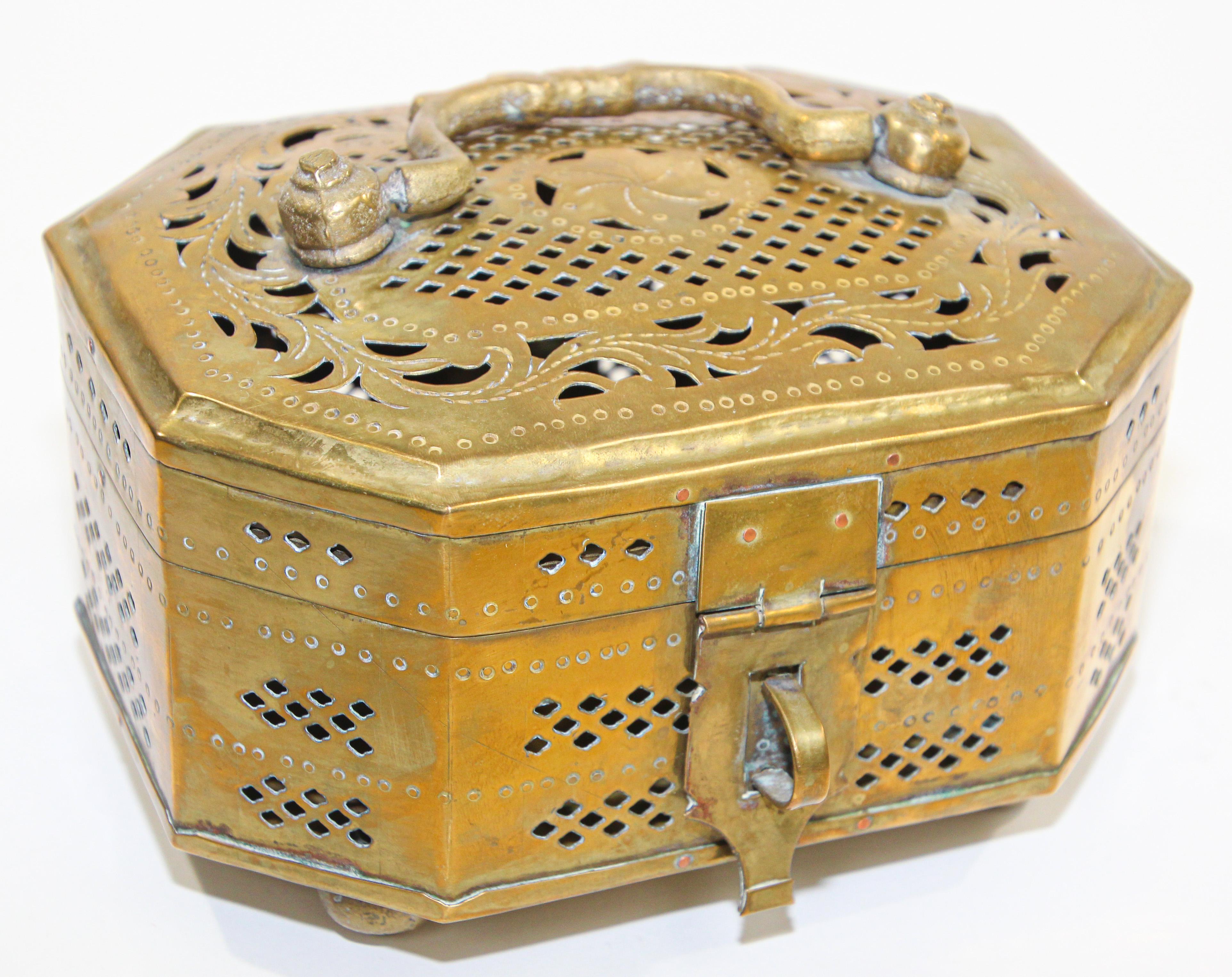 Mughal Indian Polished Brass Pierced Incense Box For Sale 8
