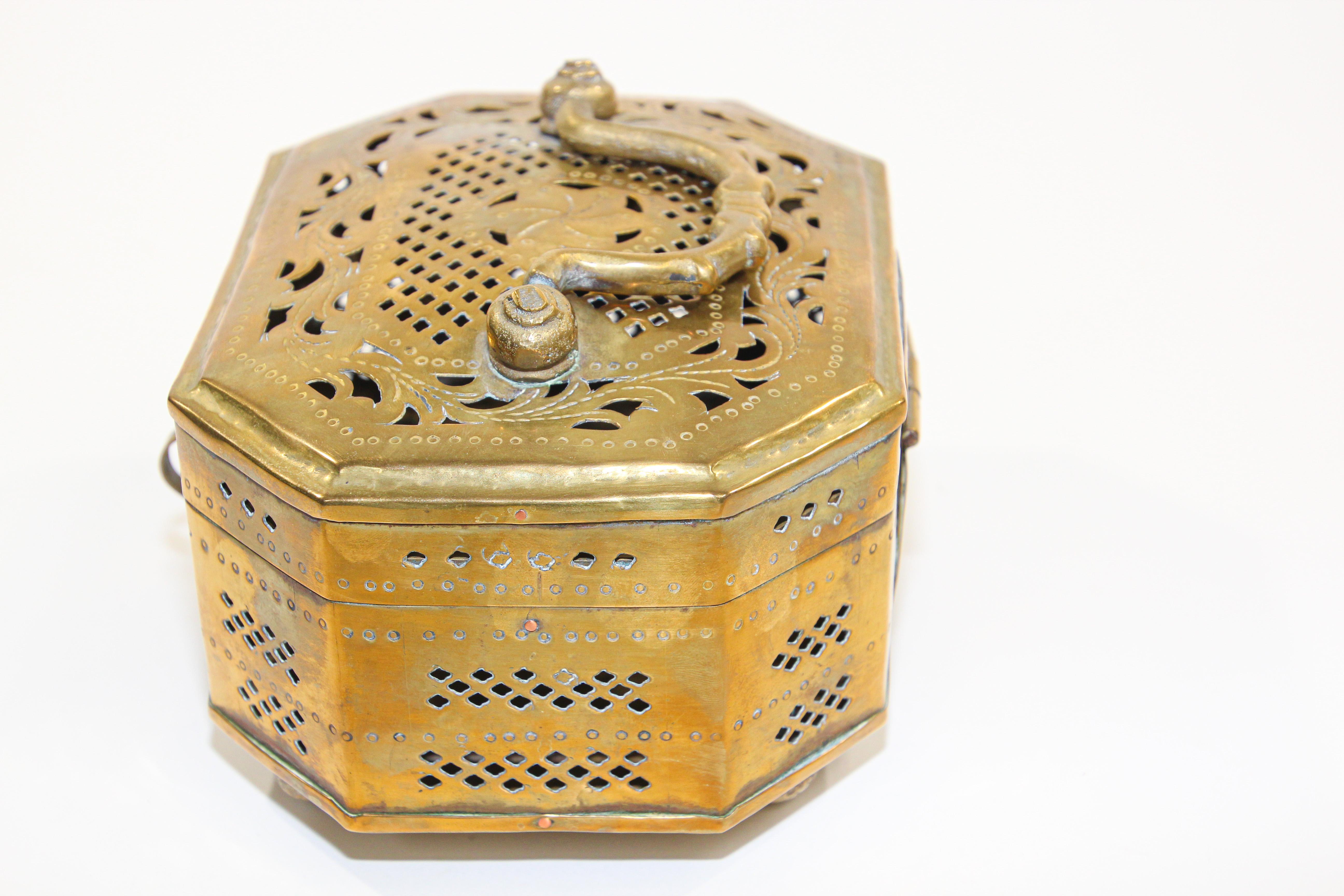 Hammered Mughal Indian Polished Brass Pierced Incense Box For Sale