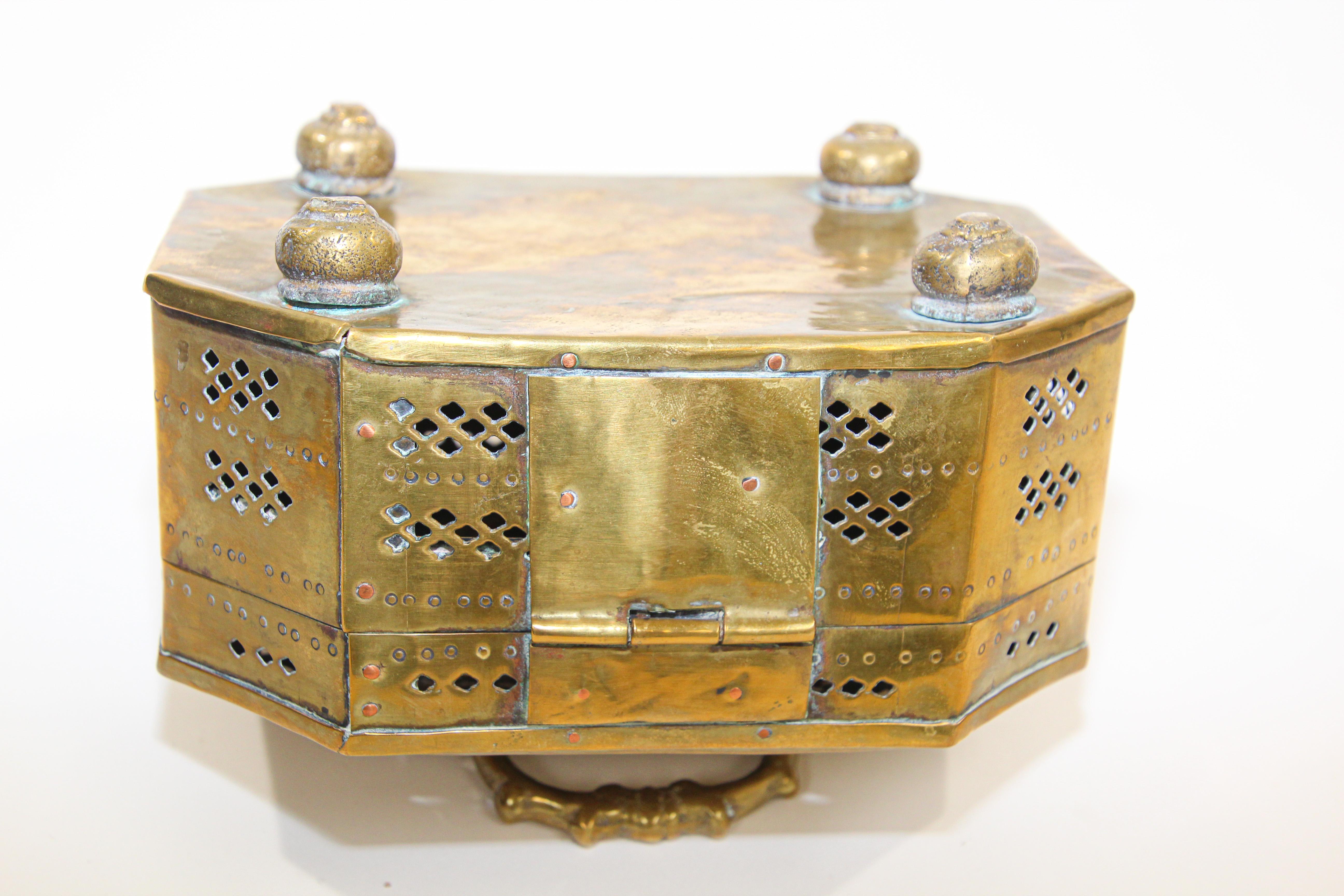 20th Century Mughal Indian Polished Brass Pierced Incense Box For Sale