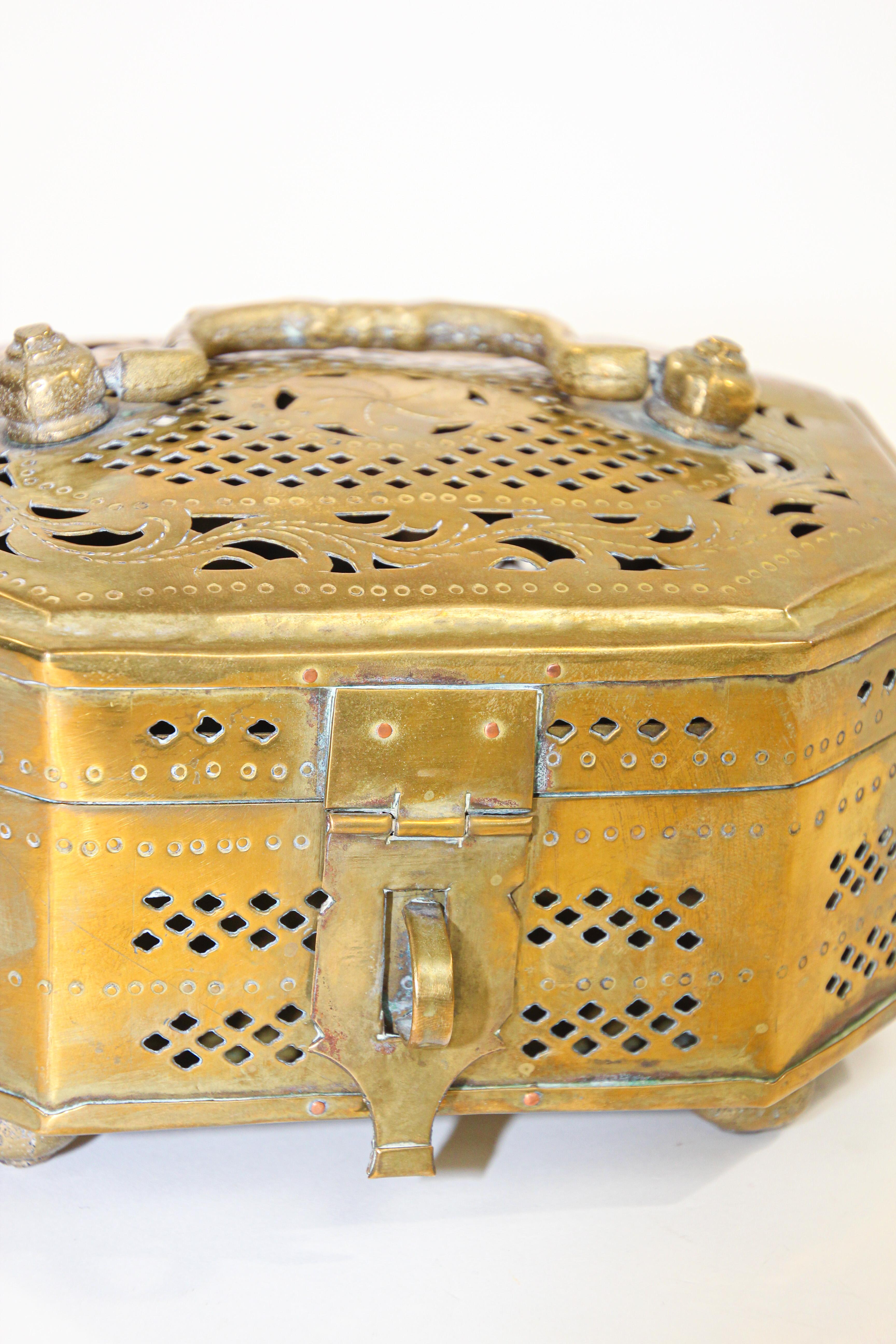 Mughal Indian Polished Brass Pierced Incense Box For Sale 3