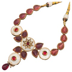 Mughal-Inspired Vintage Necklace with Glass and Mother-of-Pearl Inlays