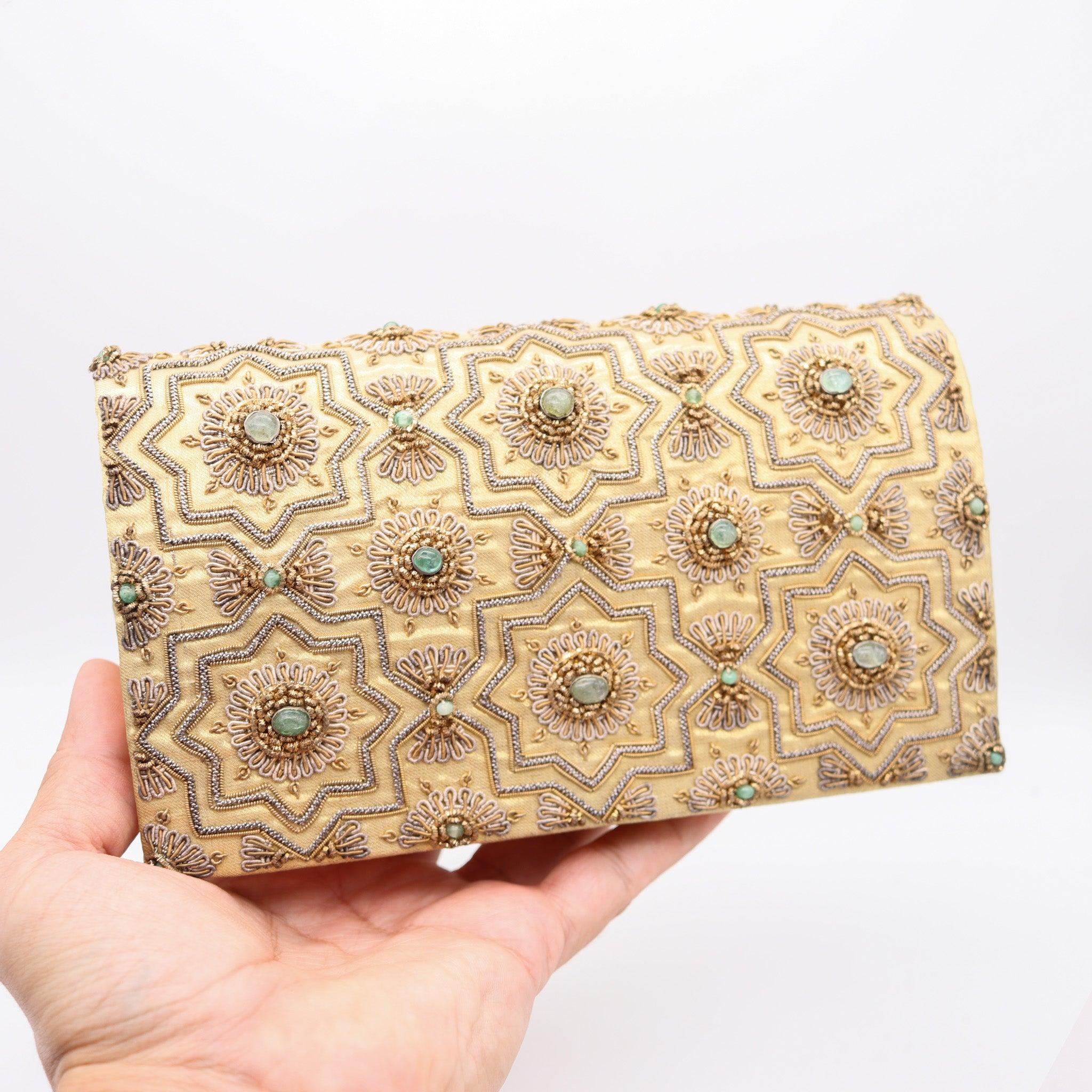 Indian MUGHAL Late Art-Deco 1930's Clutch Purse Silk, Gold & Silver With Green Emeralds For Sale