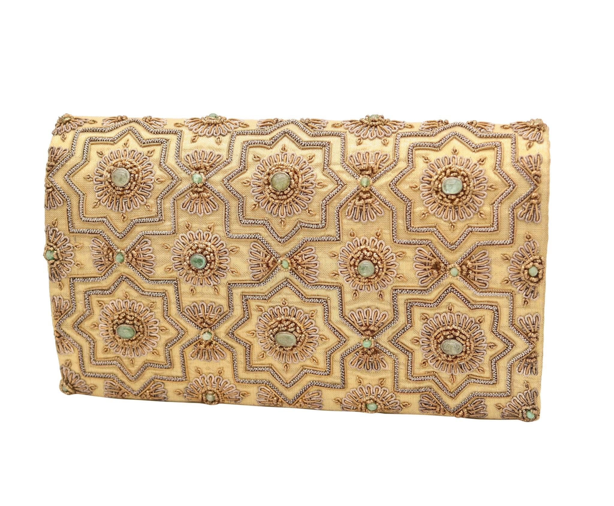 Hand-Carved MUGHAL Late Art-Deco 1930's Clutch Purse Silk, Gold & Silver With Green Emeralds For Sale