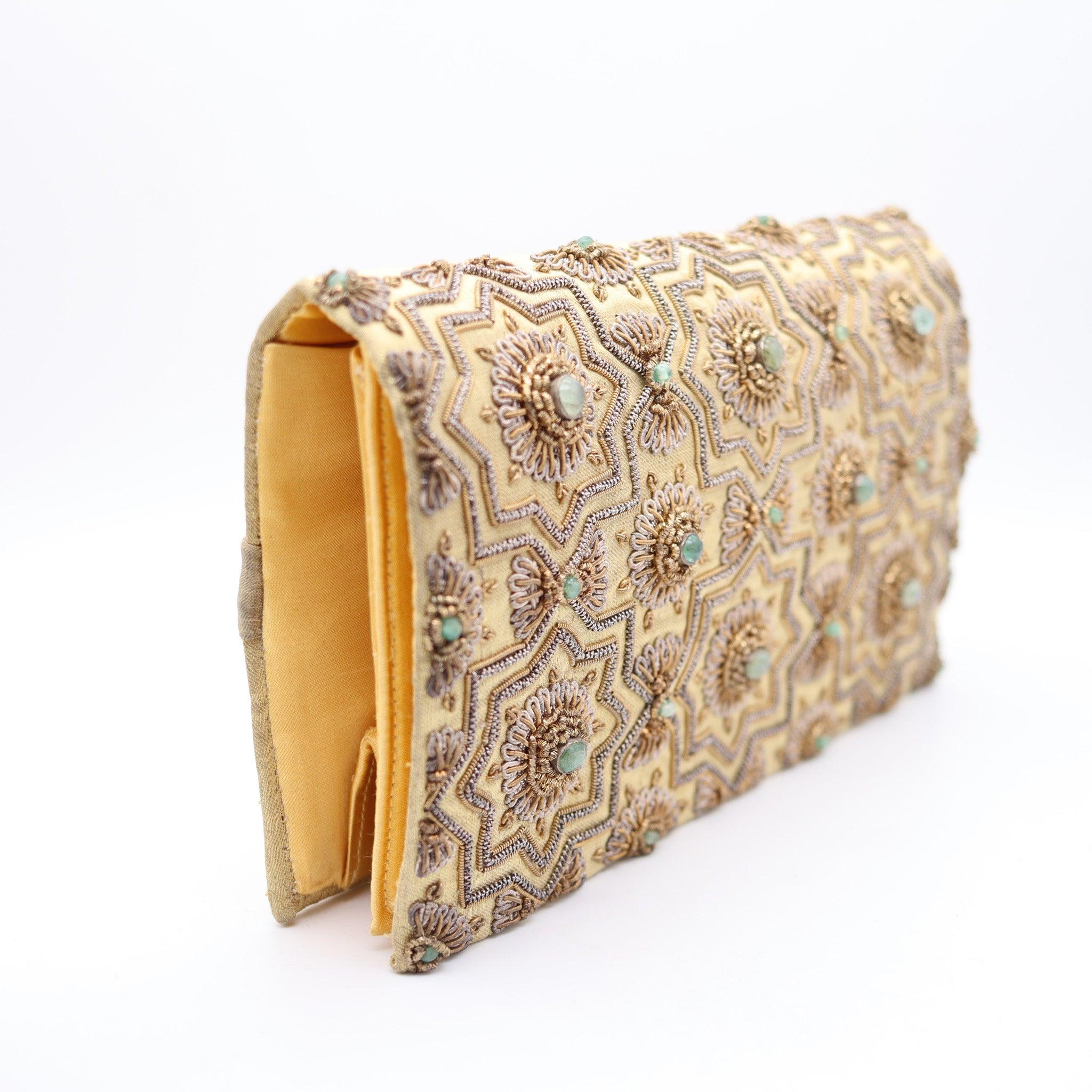 Mid-20th Century MUGHAL Late Art-Deco 1930's Clutch Purse Silk, Gold & Silver With Green Emeralds For Sale