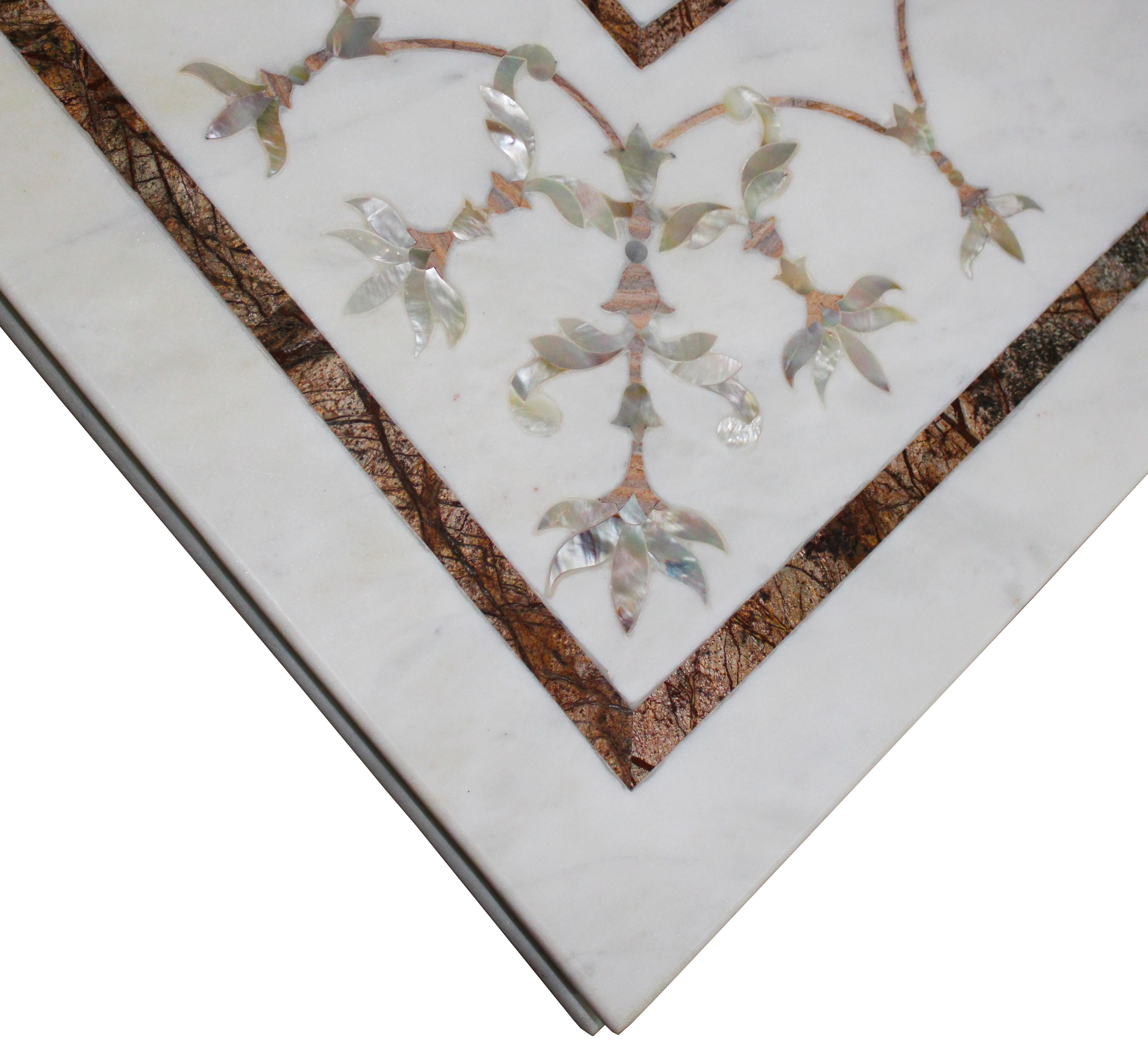 Inlay Mughal Lotus Inlaid White Marble Dining Table 'Top Only' by Stephanie Odegard For Sale
