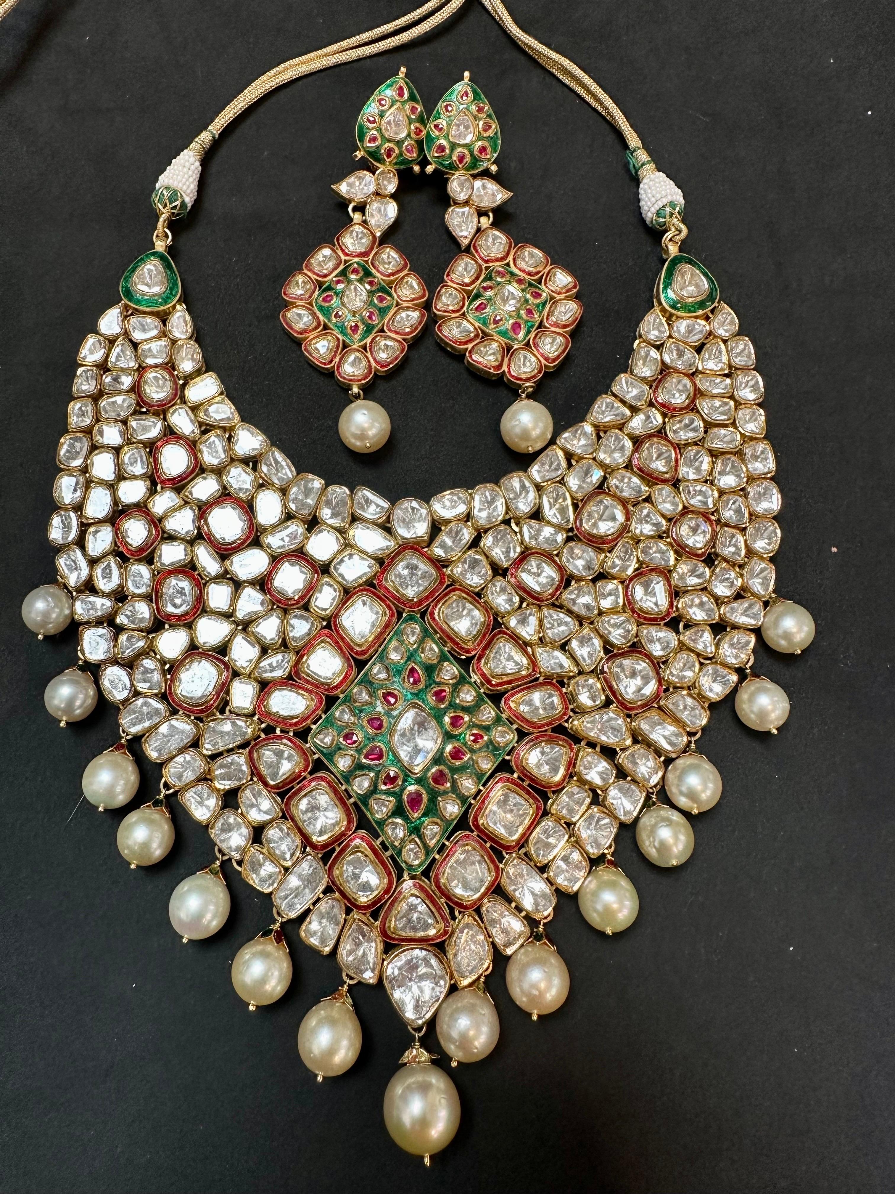 Mughal Magnificenct Traditional Kundan Polki Rose Cut Diamond 18 K Bridal Suite For Sale 8