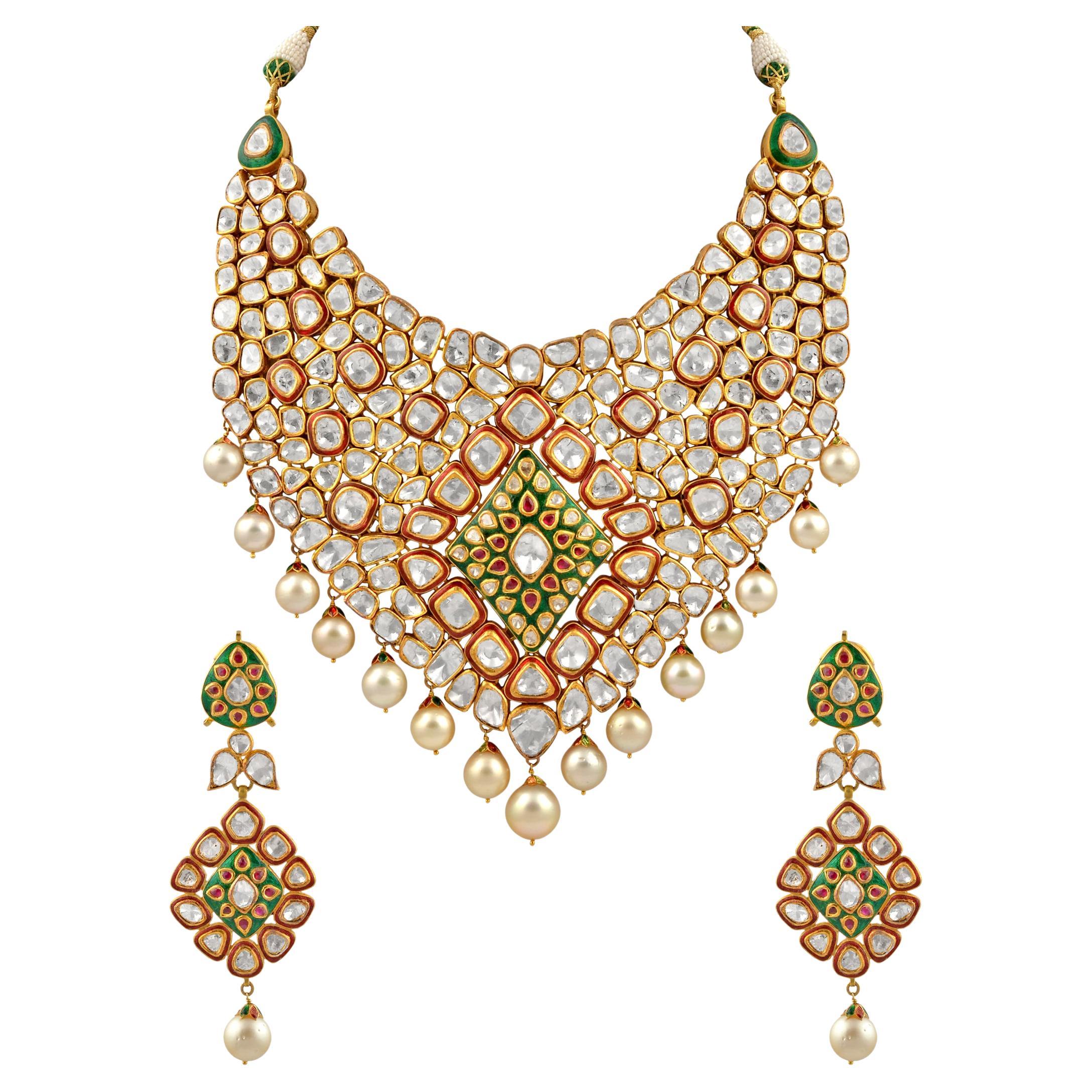 Parure de mariée moghol traditionnelle Kundan Polki en or 18 carats avec diamants taille rose magnifique