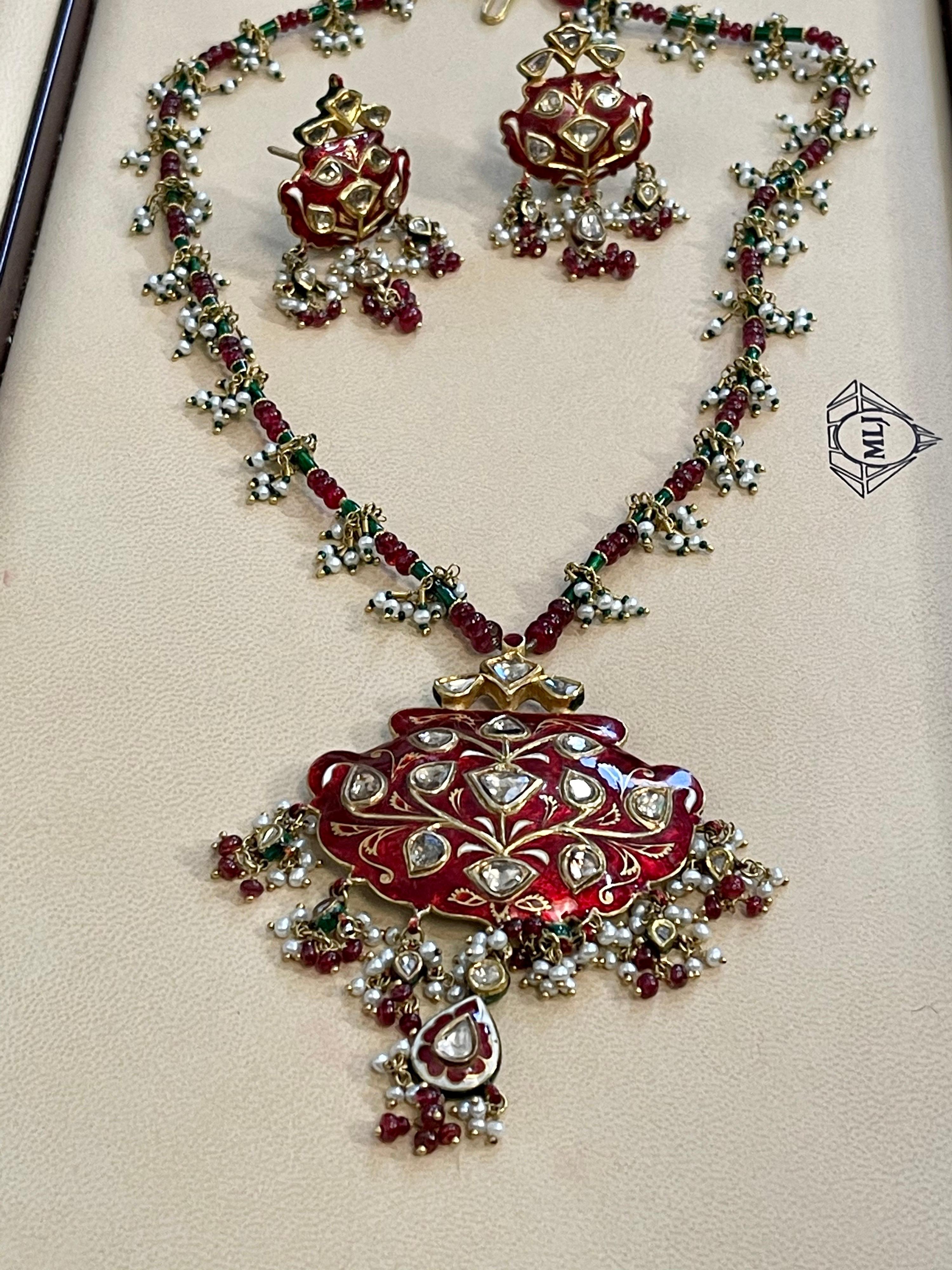 Mughal Magnificenct Traditional Kundan Polki Rose Cut Diamond Red Enamel Suite In Excellent Condition In New York, NY
