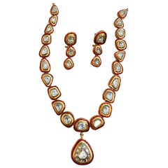 Mughal Magnificenct Traditional Kundan Polki Rose Cut Diamond Red Enamel Suite