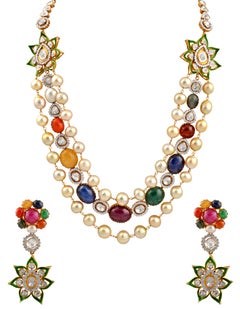 Mughal Magnificenct Traditional Rose Cut Diamond & Navratan 18 Kt YG Bridal Set