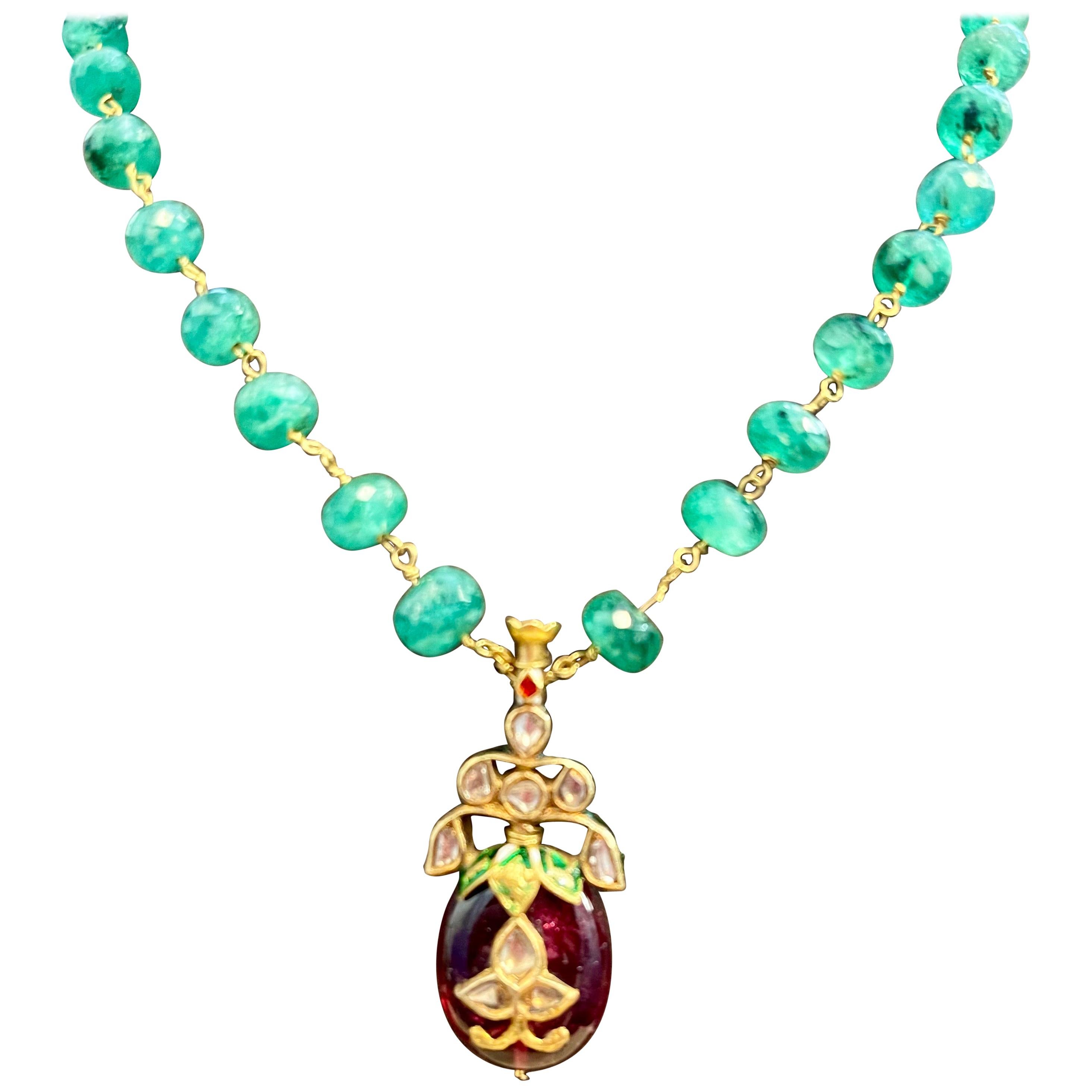 Mughal Magnificent Traditional Emerald Bead Rose Cut Diamond Vintage Necklace