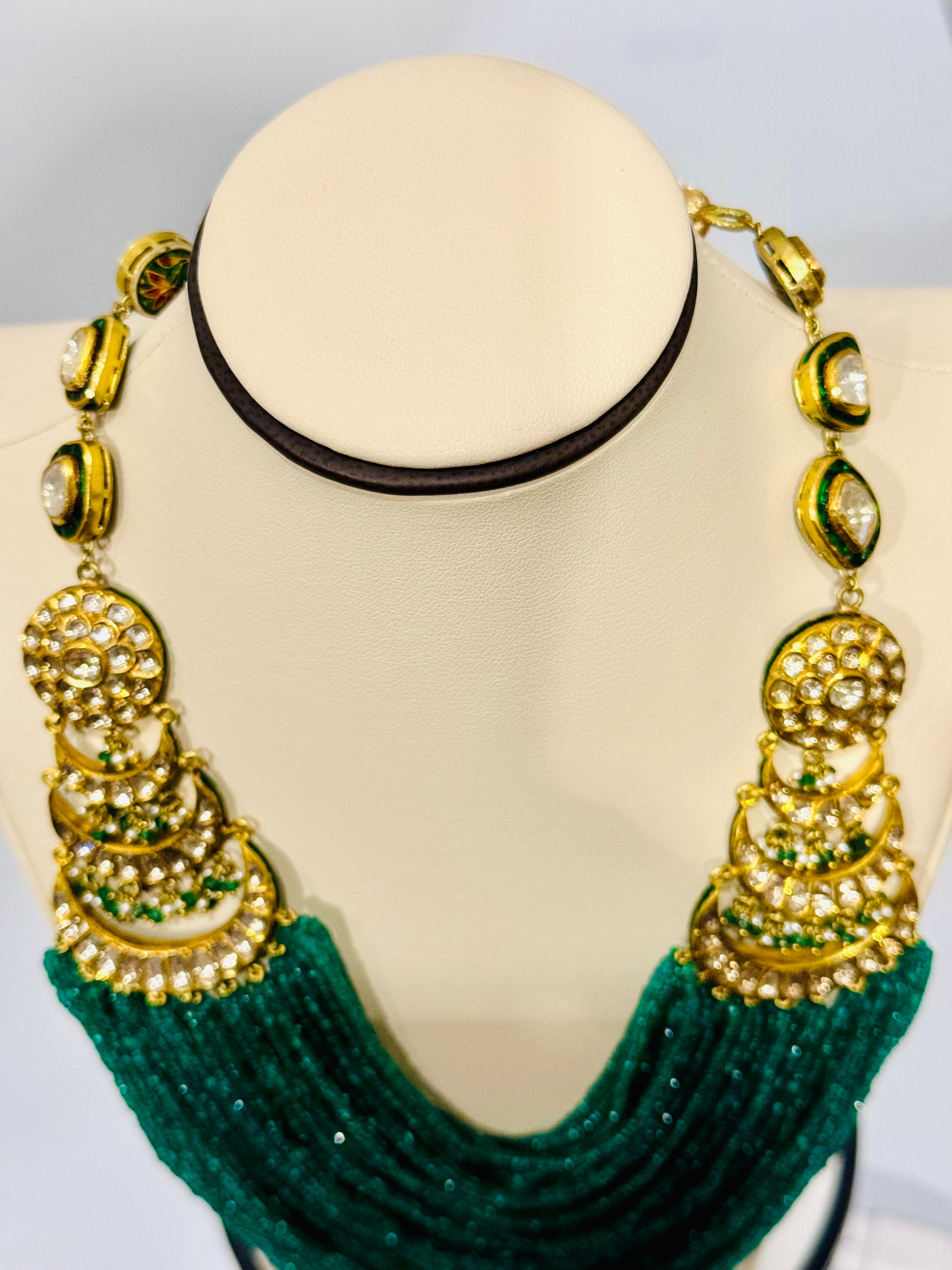 Mughal Magnificent Traditional Emerald Beads & Rose Cut Diamond Vintage Necklace For Sale 6