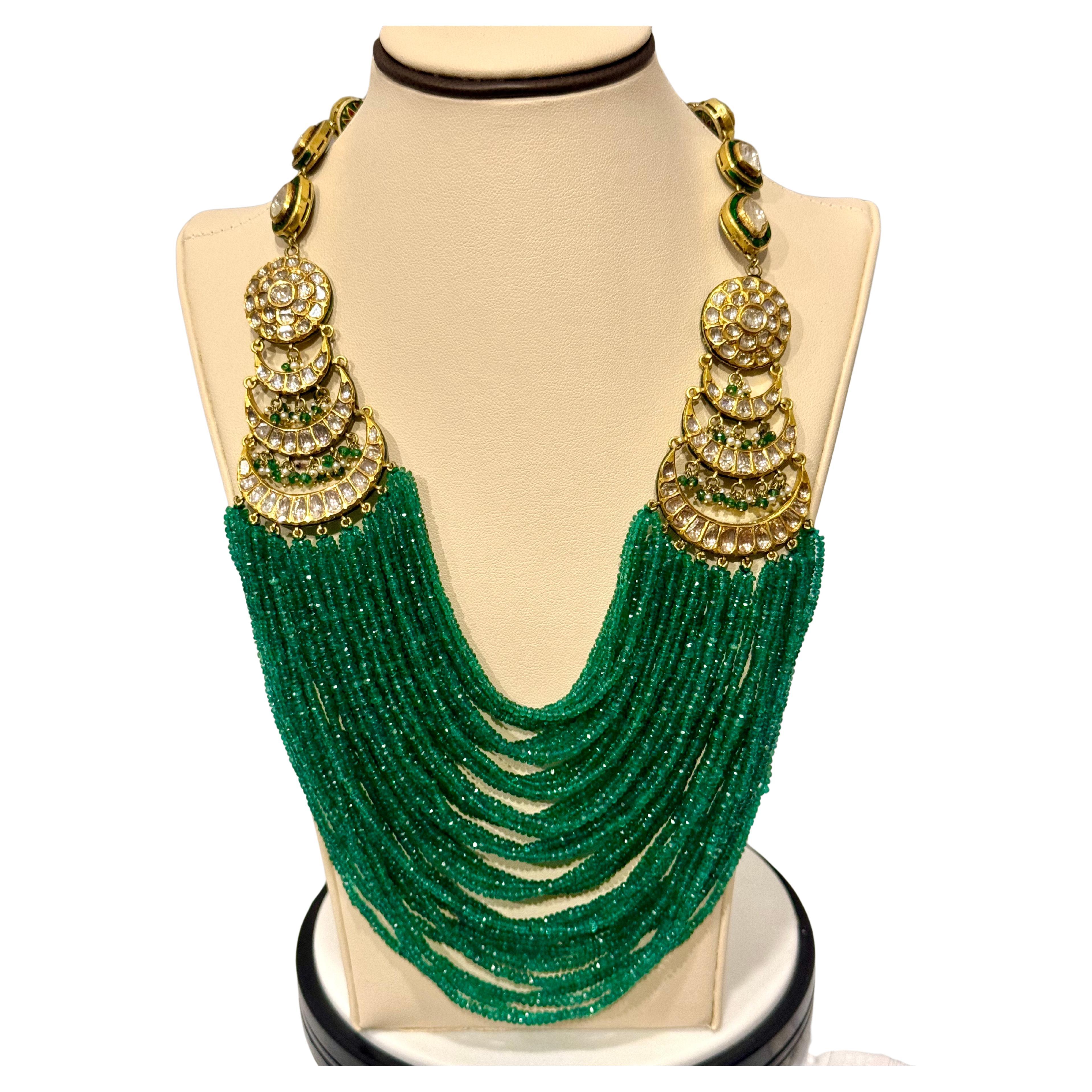 Mughal Magnificent Traditional Emerald Beads & Rose Cut Diamond Vintage Necklace For Sale