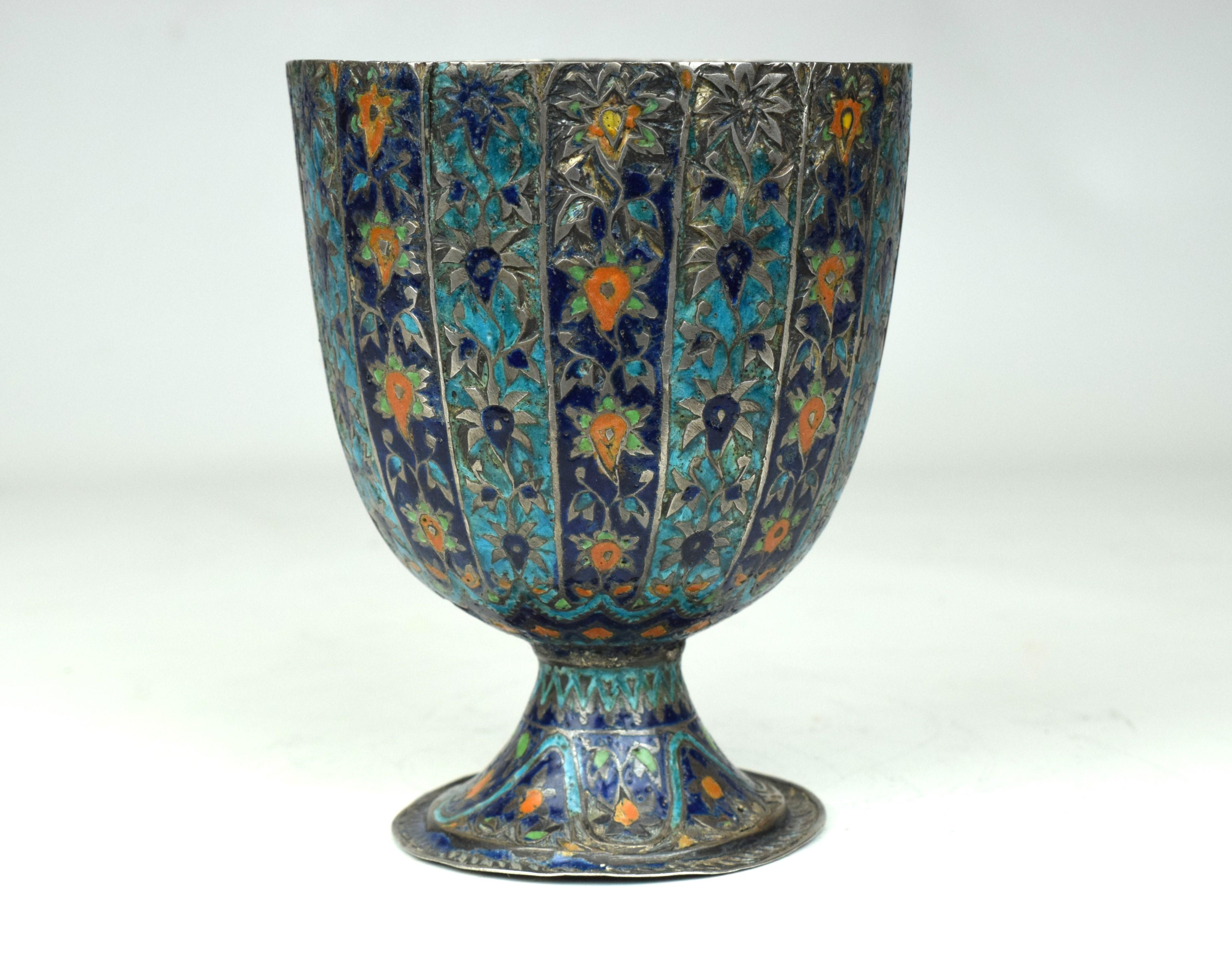 Anglo Raj Mughal Meena Silver Ceremonial Cup, 18th Century For Sale