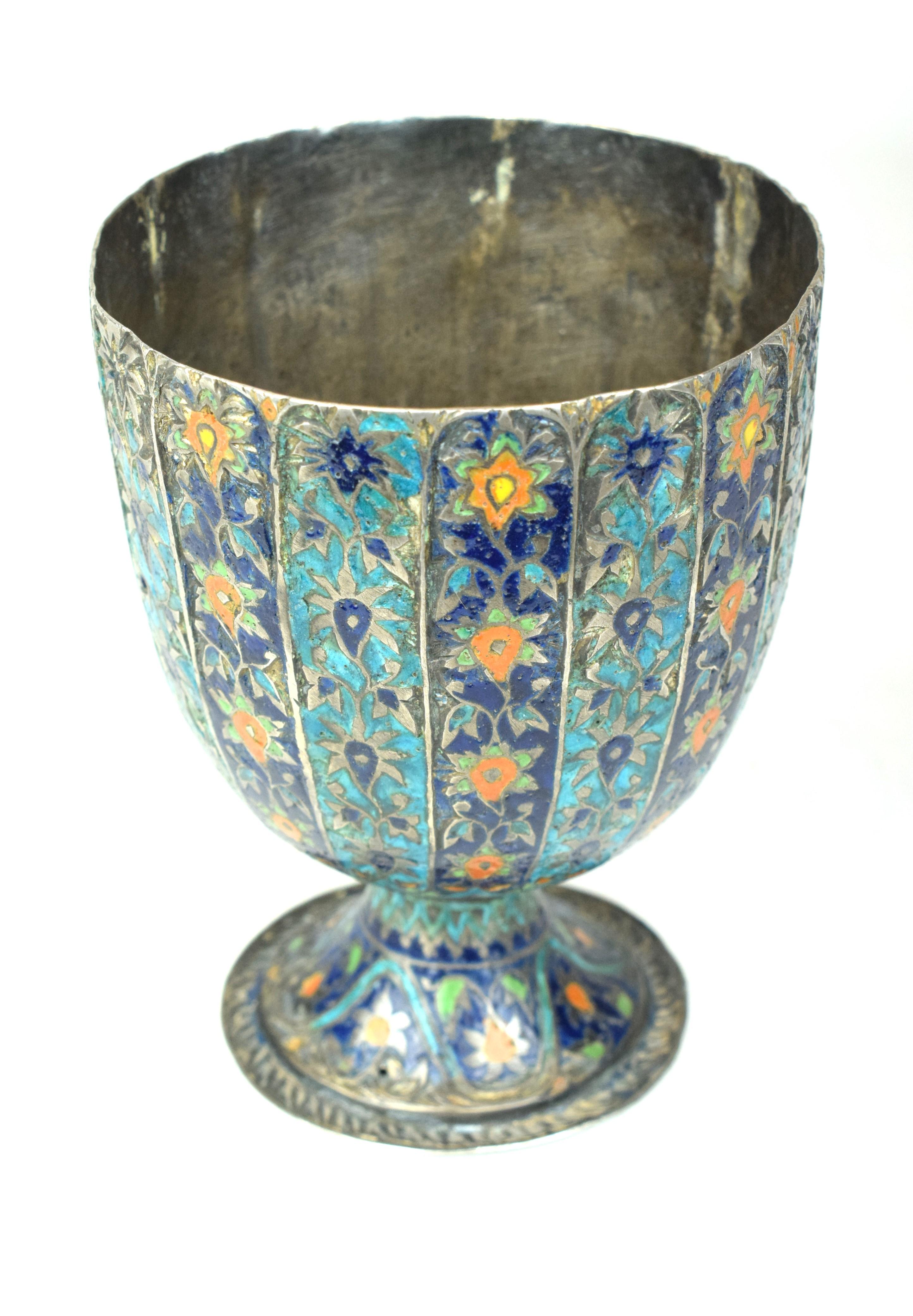Enameled Mughal Meena Silver Ceremonial Cup, 18th Century For Sale