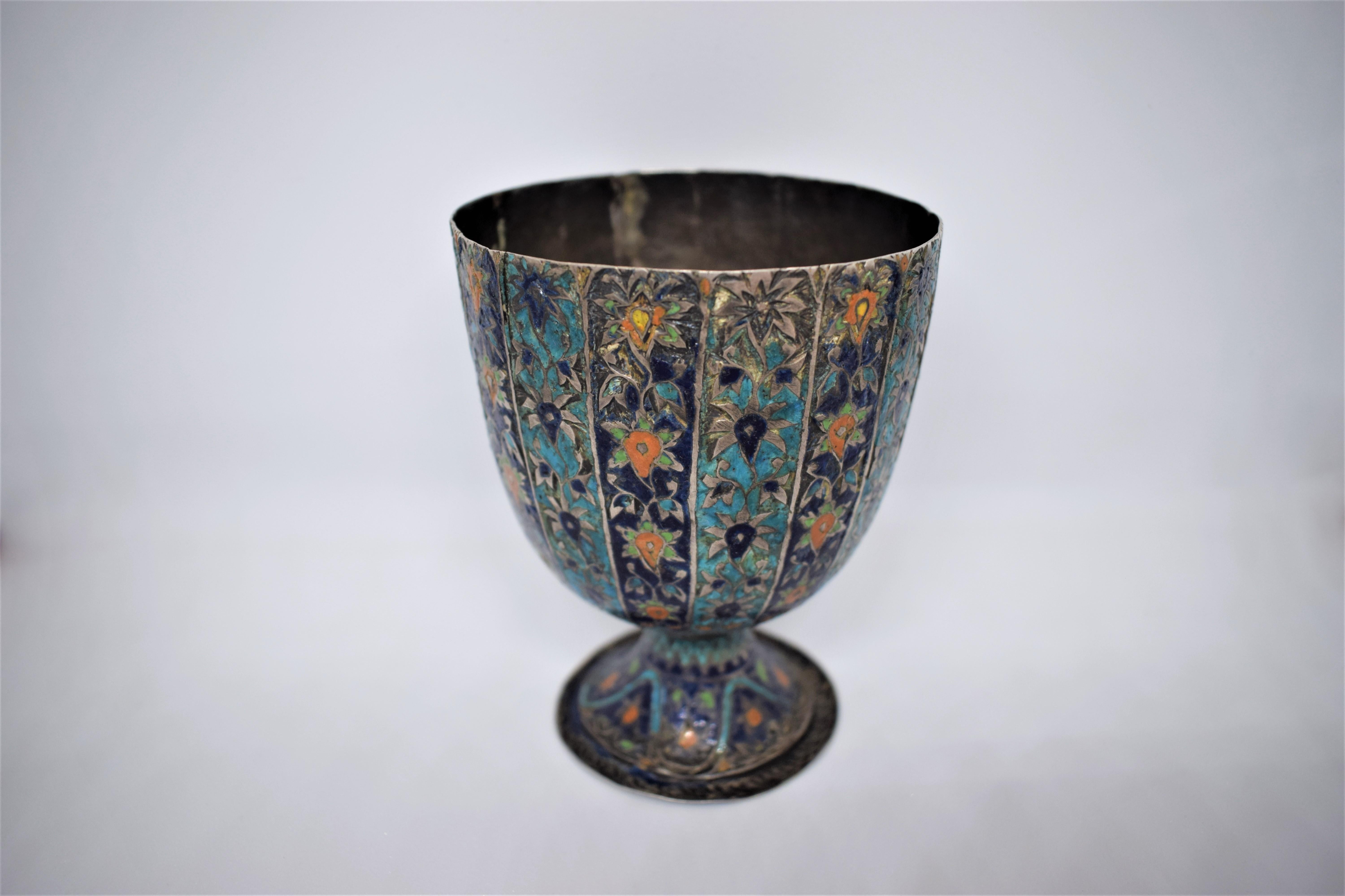 18th Century and Earlier Mughal Meena Silver Ceremonial Cup, 18th Century For Sale