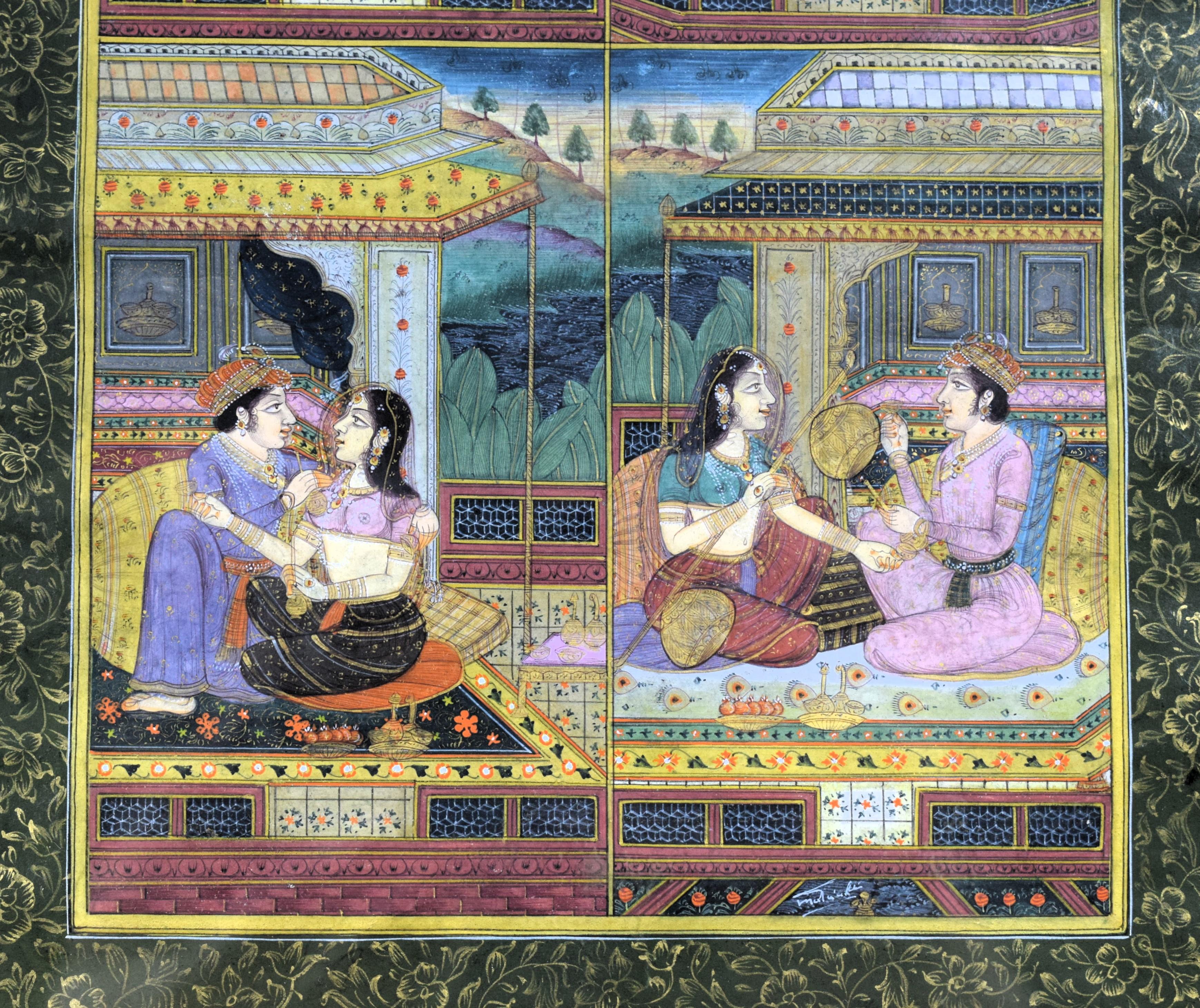Anglo Raj Mughal Miniature Depicting an Indian Maharaja With His Courtesans, 19th Century