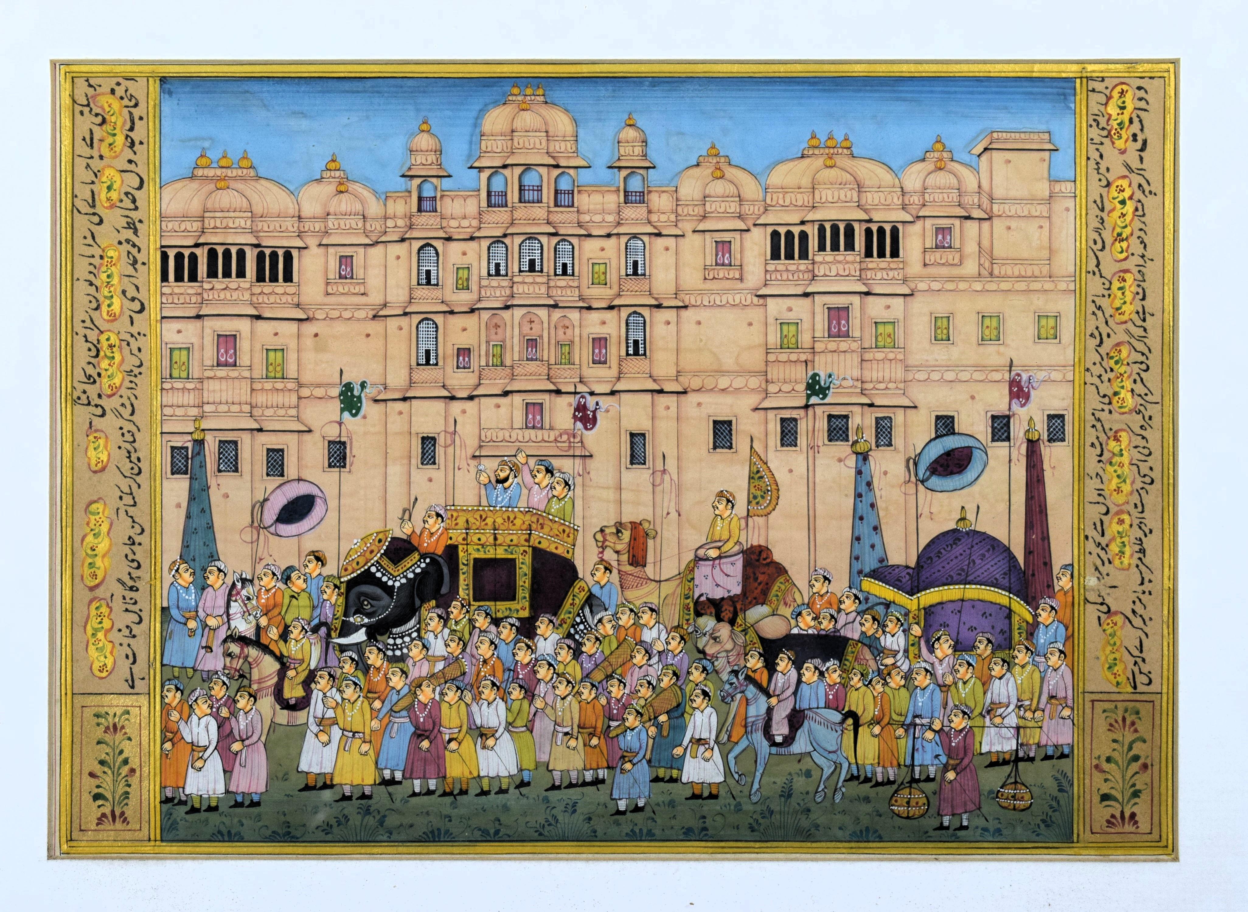 The Mughal miniature painting, crafted with a single-hair brush on delicate rice paper, depicts Emperor Shah Jahan in a grand and vibrant scene in front of the iconic Red Fort. The meticulous brushwork and exquisite attention to detail are