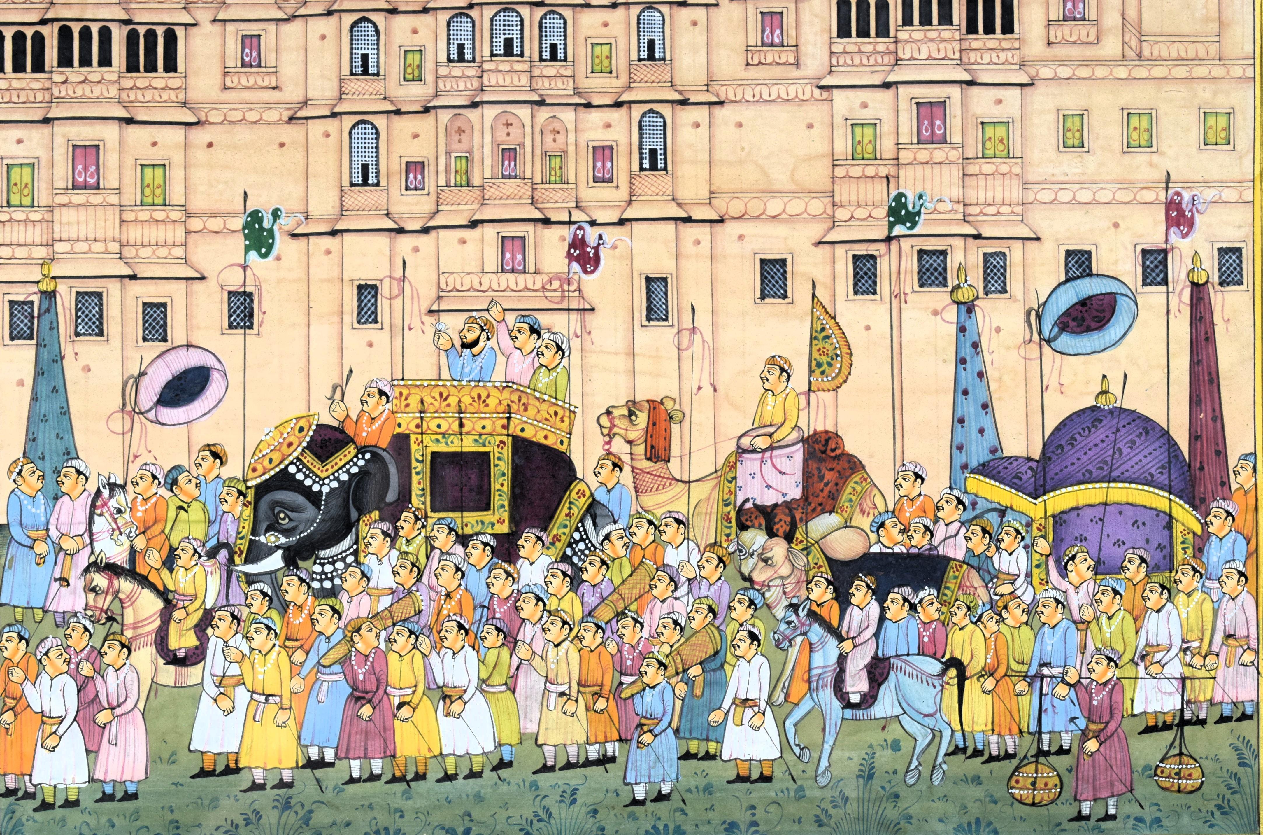 Anglo Raj Mughal Miniature Depicting Emperor Shah Jahan Infront of Red Fort, 20th Century