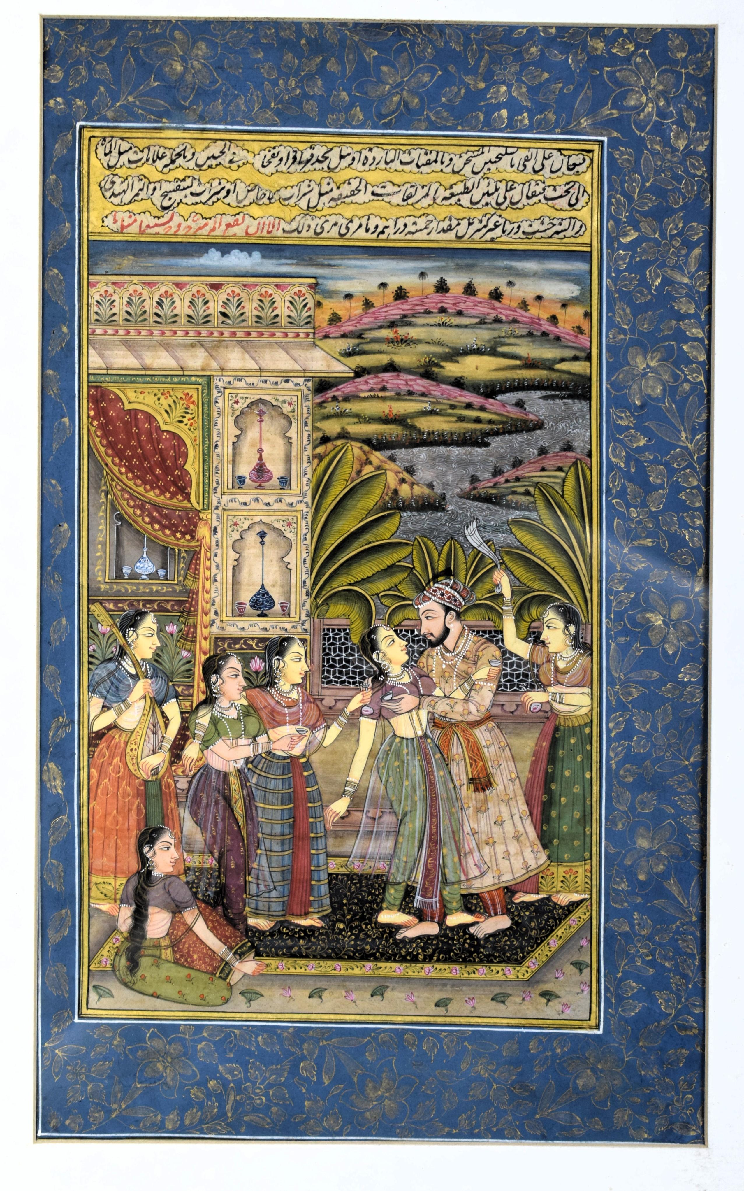 The Mughal miniature painting, crafted with a single-hair brush on fine rice paper and enhanced with 24k gold water, depicts a serene and opulent scene from the harem of Mughal Emperor Shah Jahan. The painting is a testament to the detailed